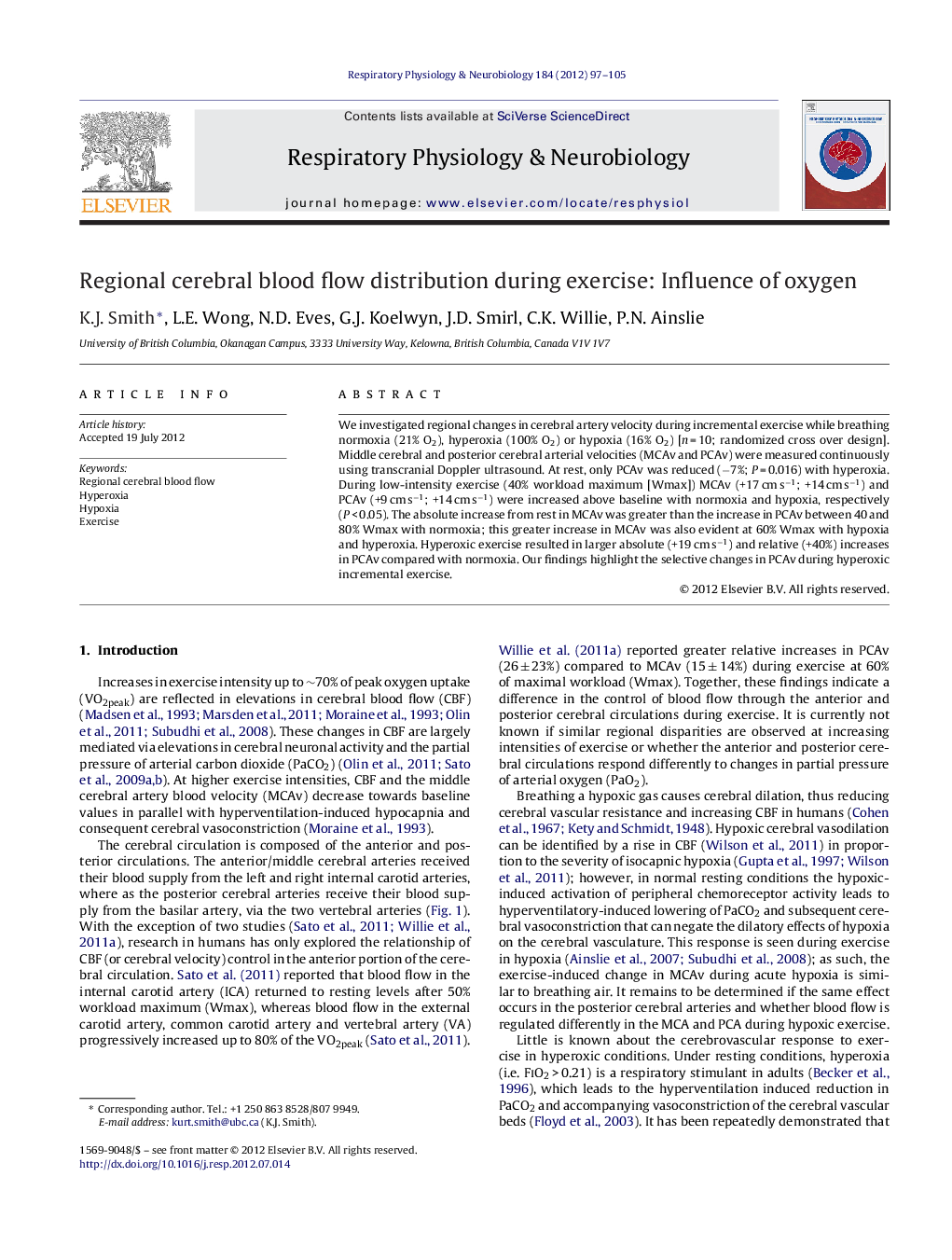 Regional cerebral blood flow distribution during exercise: Influence of oxygen