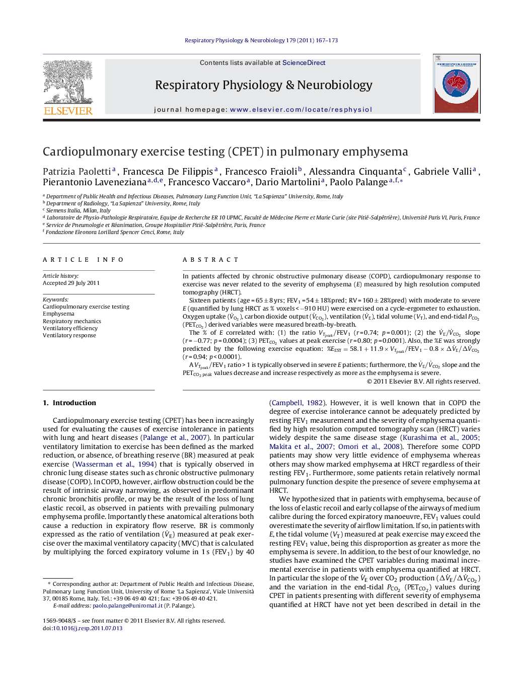 Cardiopulmonary exercise testing (CPET) in pulmonary emphysema