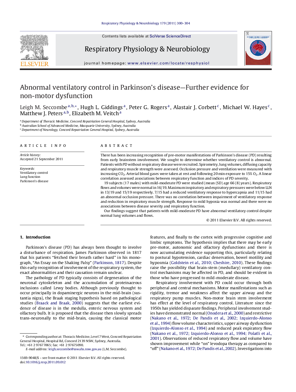 Abnormal ventilatory control in Parkinson's disease-Further evidence for non-motor dysfunction