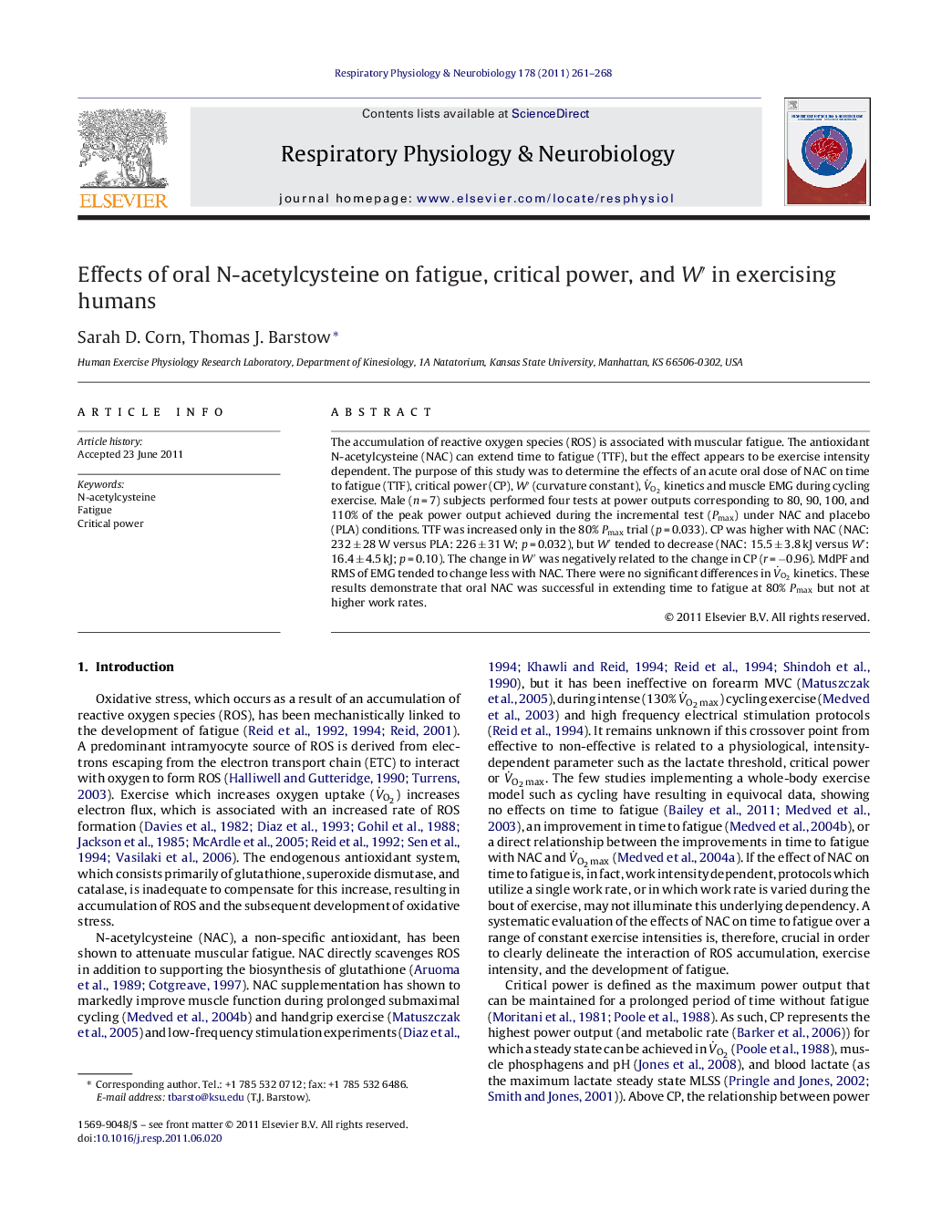 Effects of oral N-acetylcysteine on fatigue, critical power, and Wâ² in exercising humans