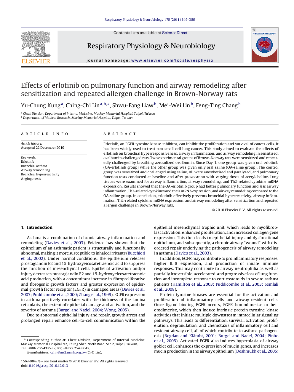 Effects of erlotinib on pulmonary function and airway remodeling after sensitization and repeated allergen challenge in Brown-Norway rats