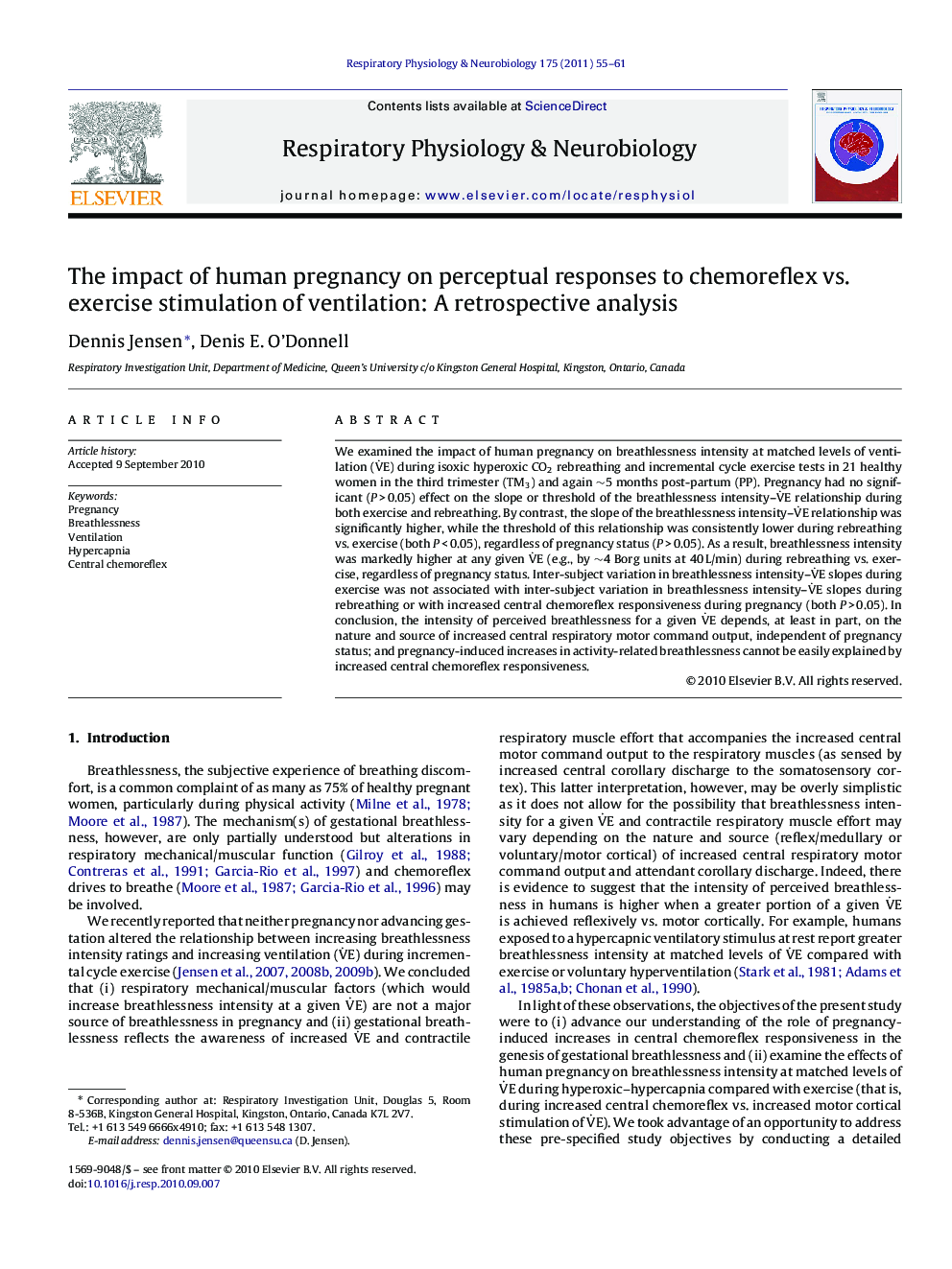 The impact of human pregnancy on perceptual responses to chemoreflex vs. exercise stimulation of ventilation: A retrospective analysis