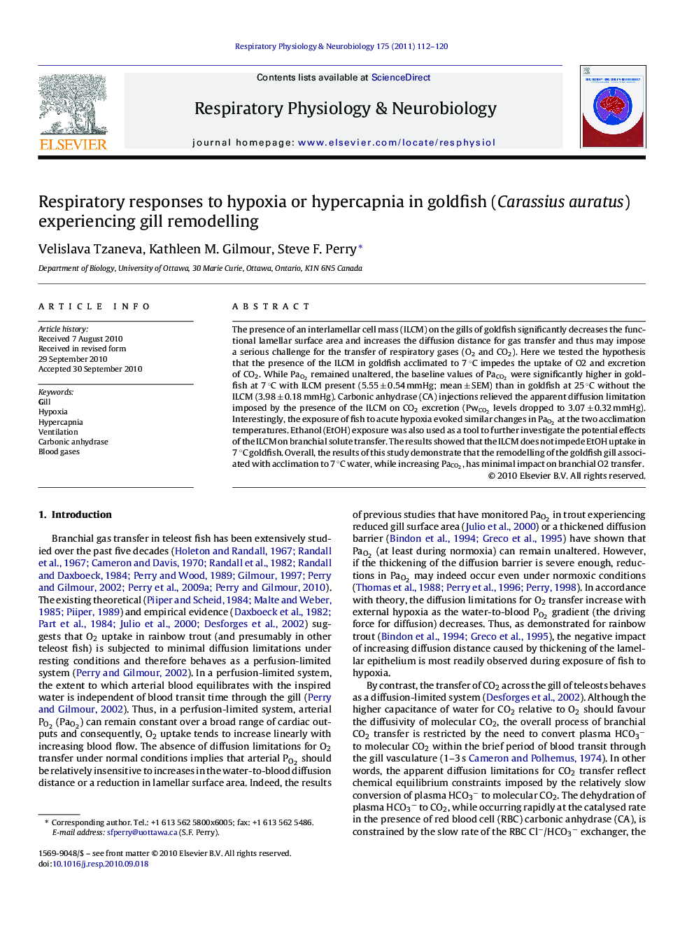Respiratory responses to hypoxia or hypercapnia in goldfish (Carassius auratus) experiencing gill remodelling