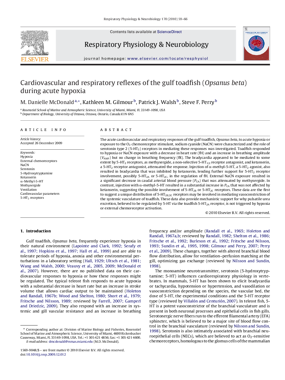 Cardiovascular and respiratory reflexes of the gulf toadfish (Opsanus beta) during acute hypoxia