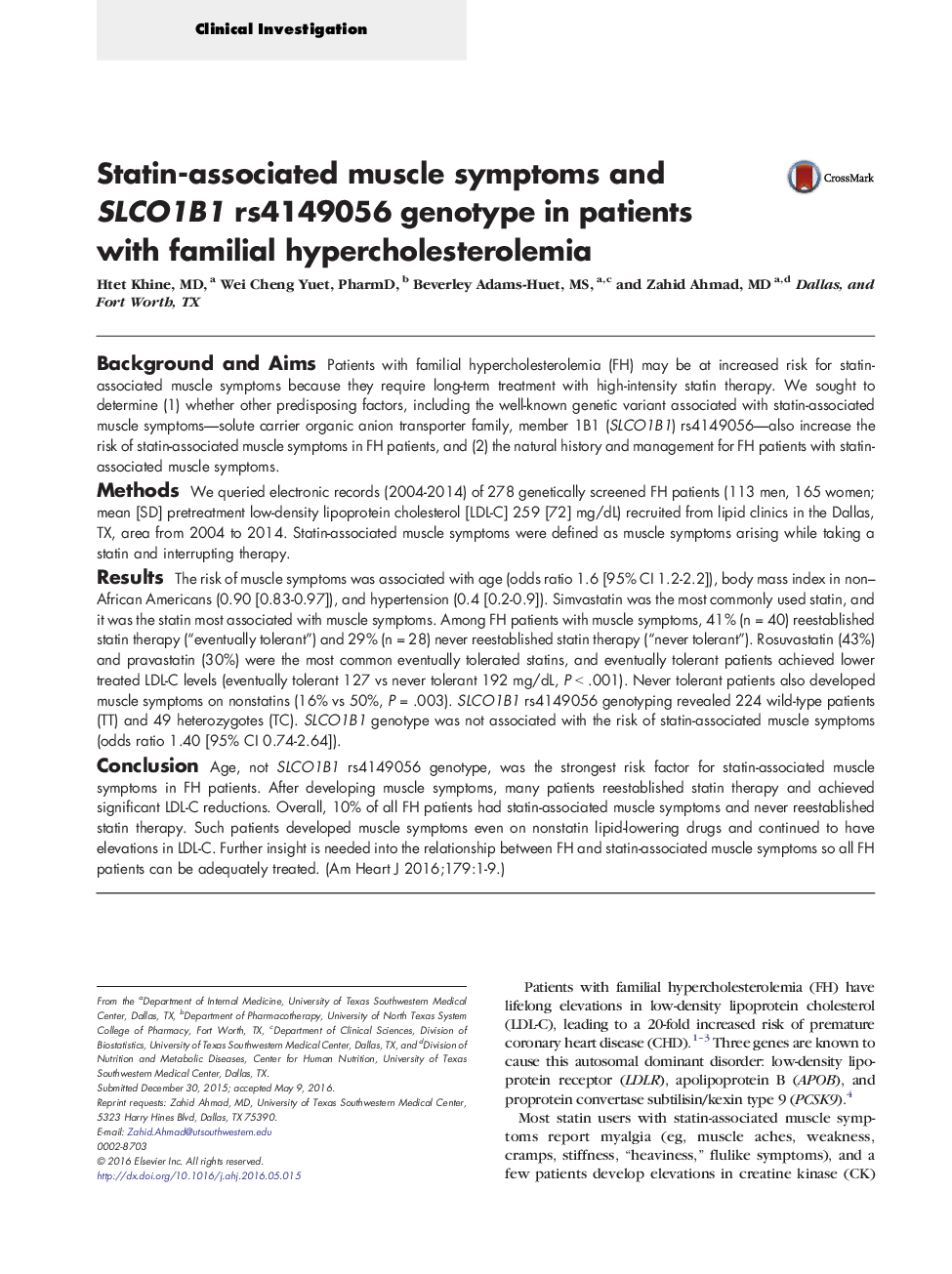 Clinical InvestigationStatin-associated muscle symptoms and SLCO1B1 rs4149056 genotype in patients with familial hypercholesterolemia