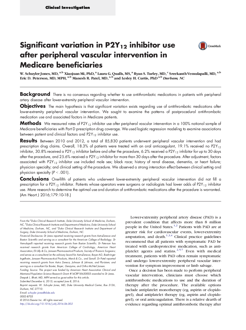 Significant variation in P2Y12 inhibitor use after peripheral vascular intervention in Medicare beneficiaries