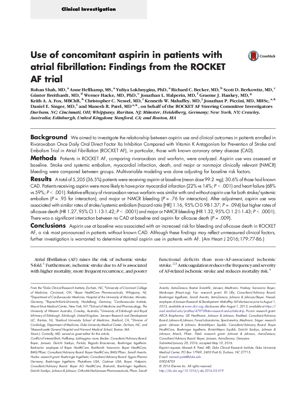 Clinical InvestigationUse of concomitant aspirin in patients with atrial fibrillation: Findings from the ROCKET AF trial