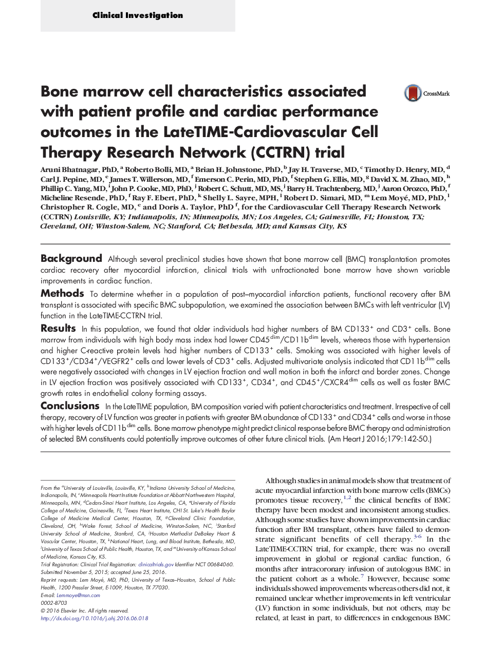 عکس صفحه اول مقاله: Bone marrow cell characteristics associated with patient profile and cardiac performance outcomes in the LateTIME-Cardiovascular Cell Therapy Research Network (CCTRN) trial Bone marrow cell characteristics associated with patient profile and cardiac performance outcomes in the LateTIME-Cardiovascular Cell Therapy Research Network (CCTRN) trial