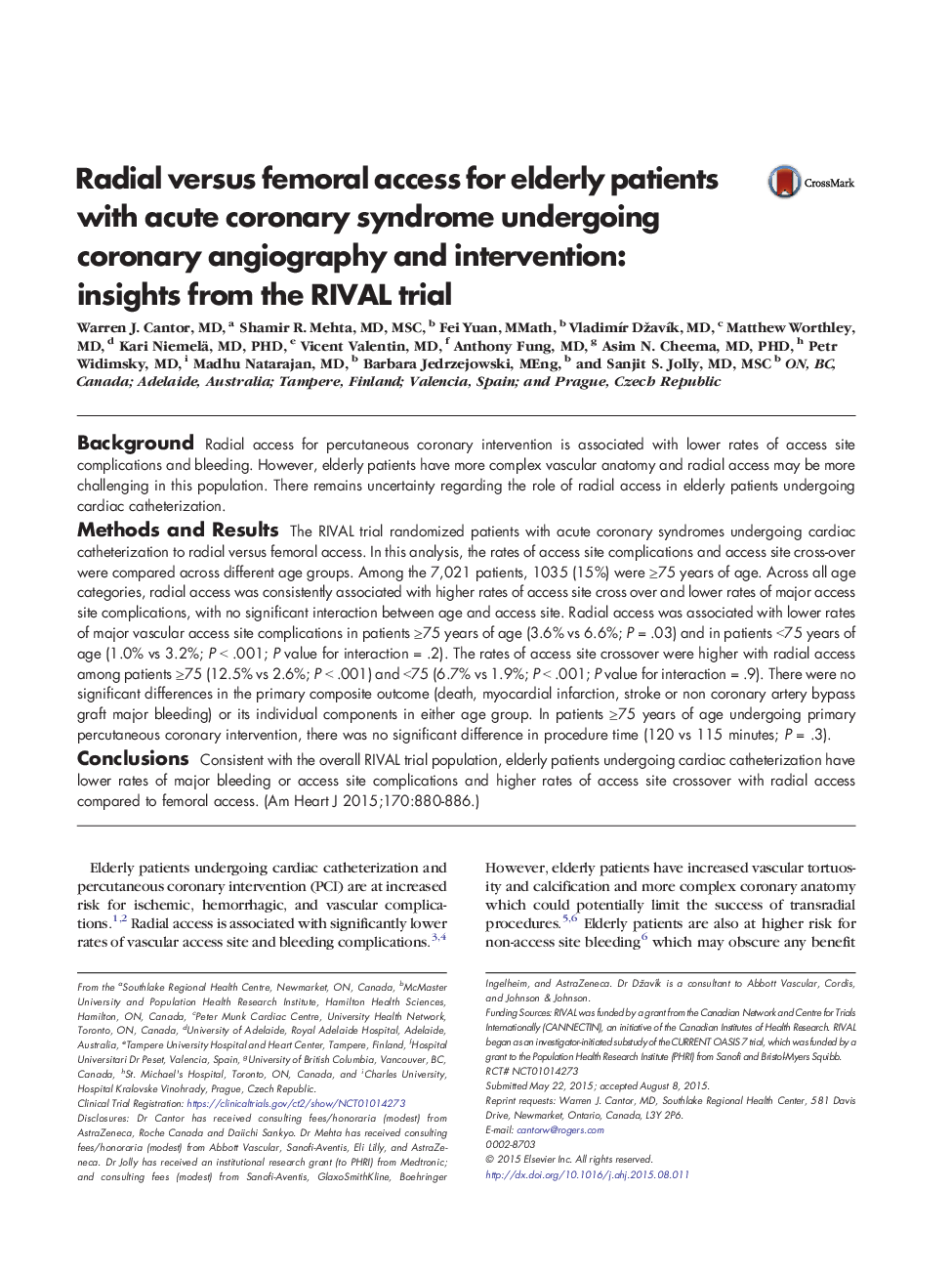 Radial versus femoral access for elderly patients with acute coronary syndrome undergoing coronary angiography and intervention: insights from the RIVAL trial