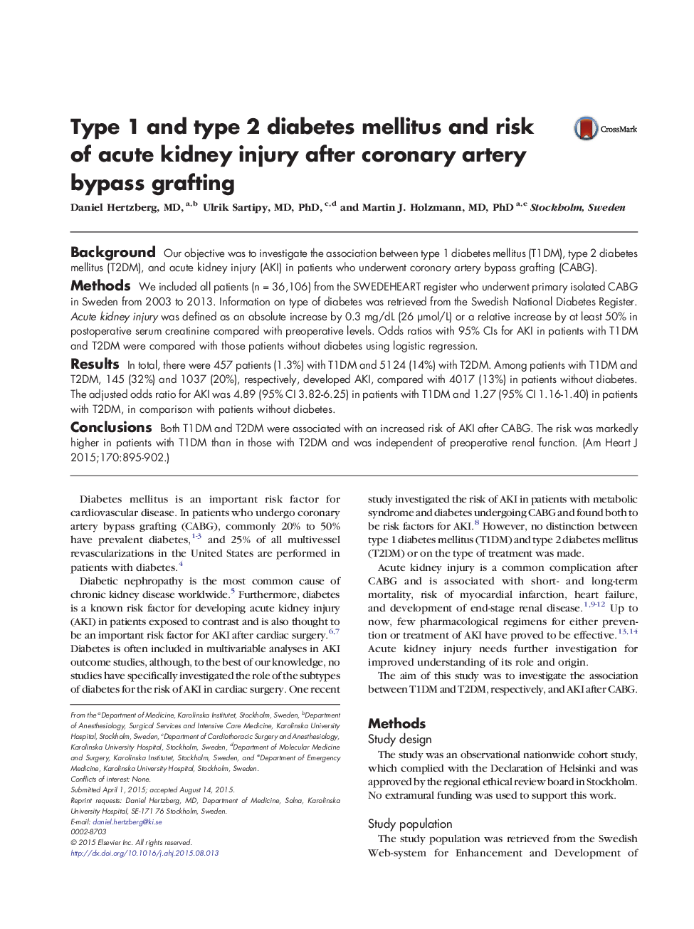 Clinical InvestigationType 1 and type 2 diabetes mellitus and risk of acute kidney injury after coronary artery bypass grafting