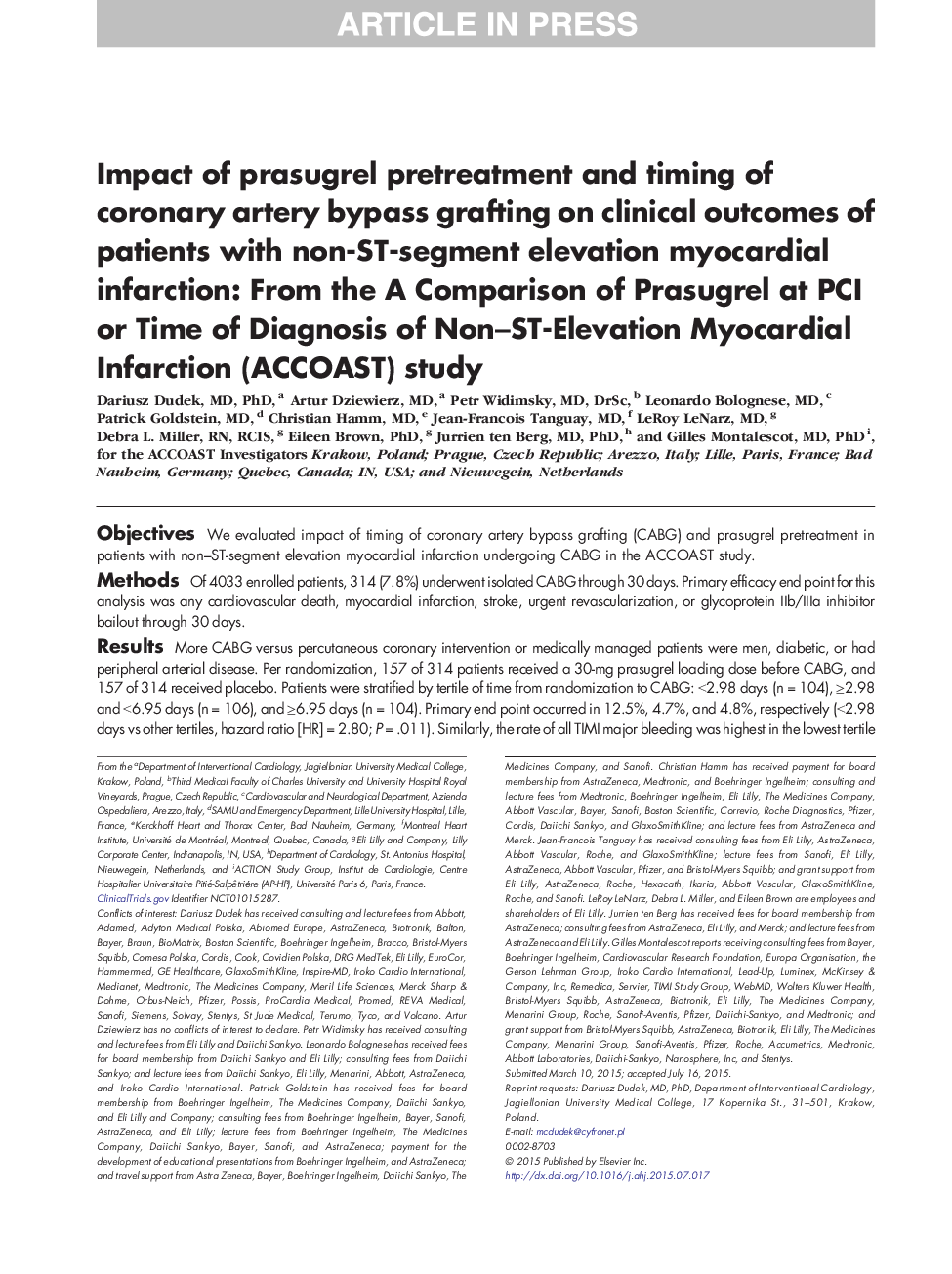 Impact of prasugrel pretreatment and timing of coronary artery bypass grafting on clinical outcomes of patients with non-ST-segment elevation myocardial infarction: From the A Comparison of Prasugrel at PCI or Time of Diagnosis of Non-ST-Elevation Myocard