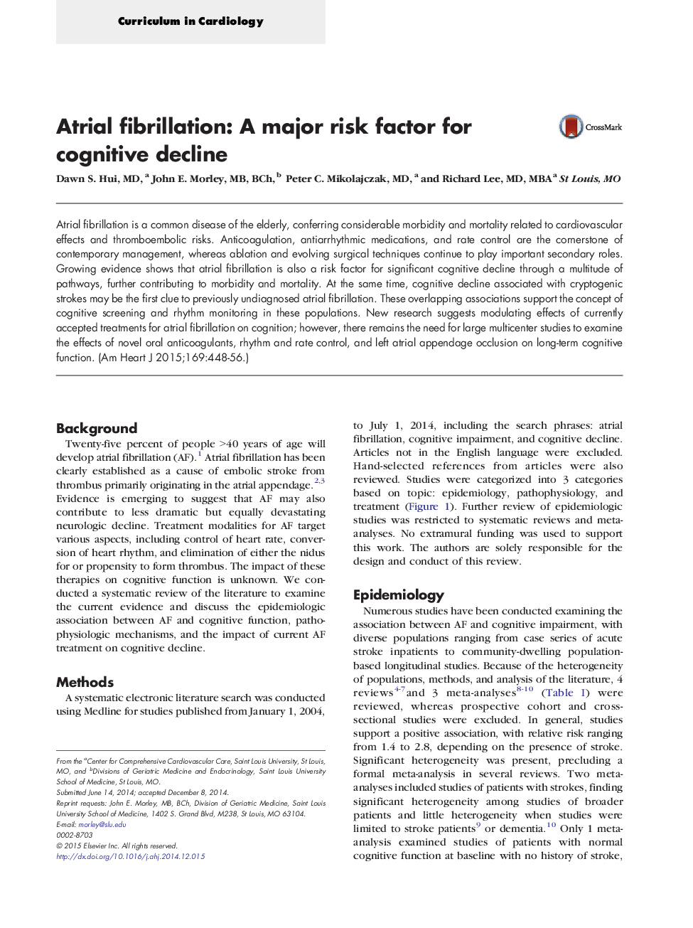 Atrial fibrillation: A major risk factor for cognitive decline