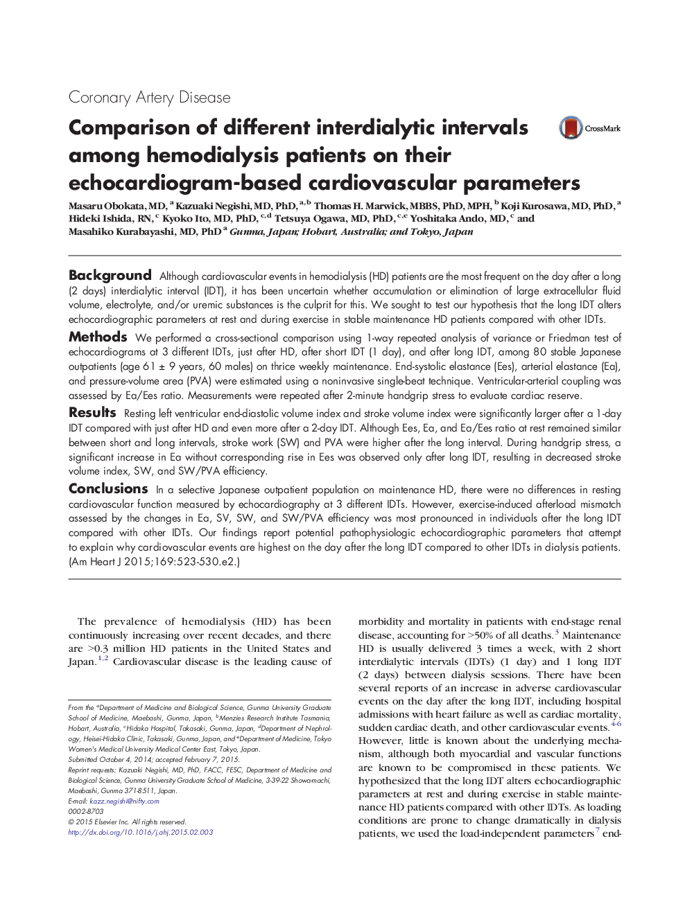 Clinical InvestigationCoronary Artery DiseaseComparison of different interdialytic intervals among hemodialysis patients on their echocardiogram-based cardiovascular parameters