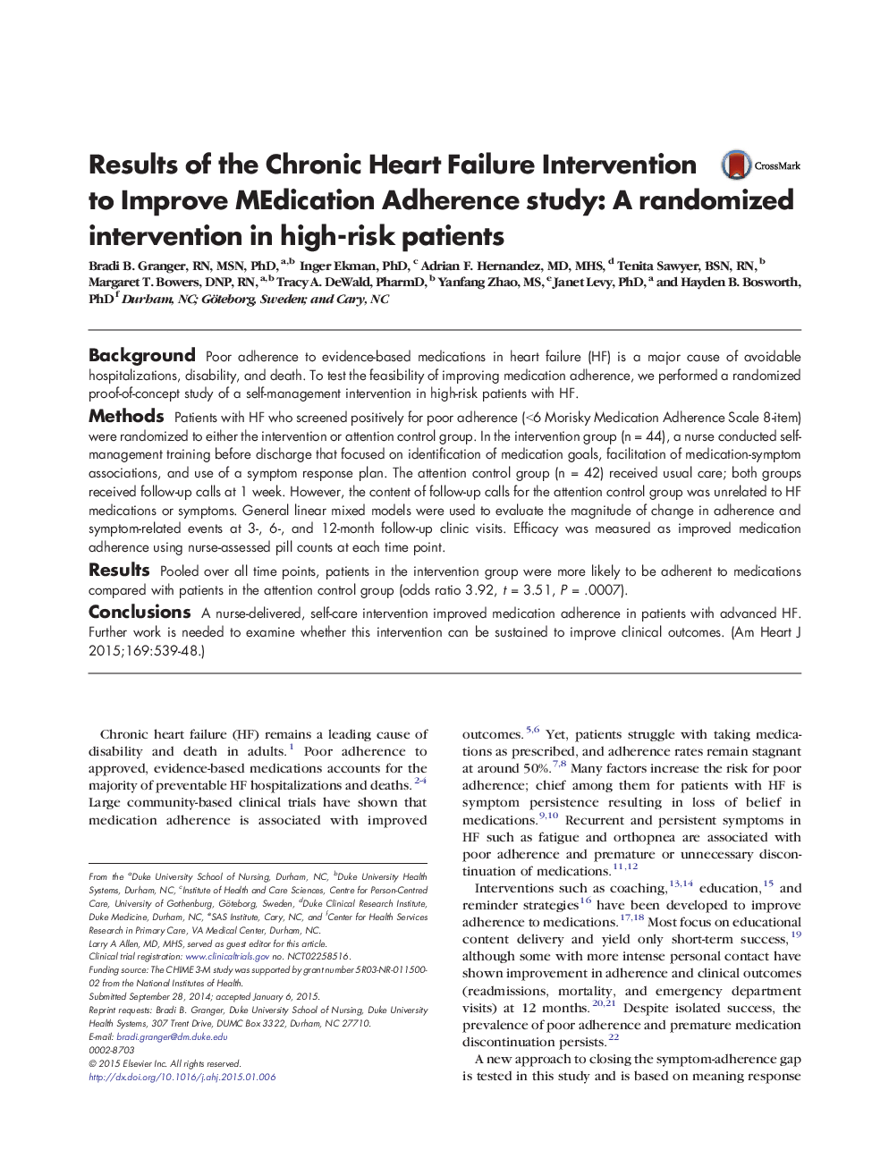 Results of the Chronic Heart Failure Intervention to Improve MEdication Adherence study: A randomized intervention in high-risk patients
