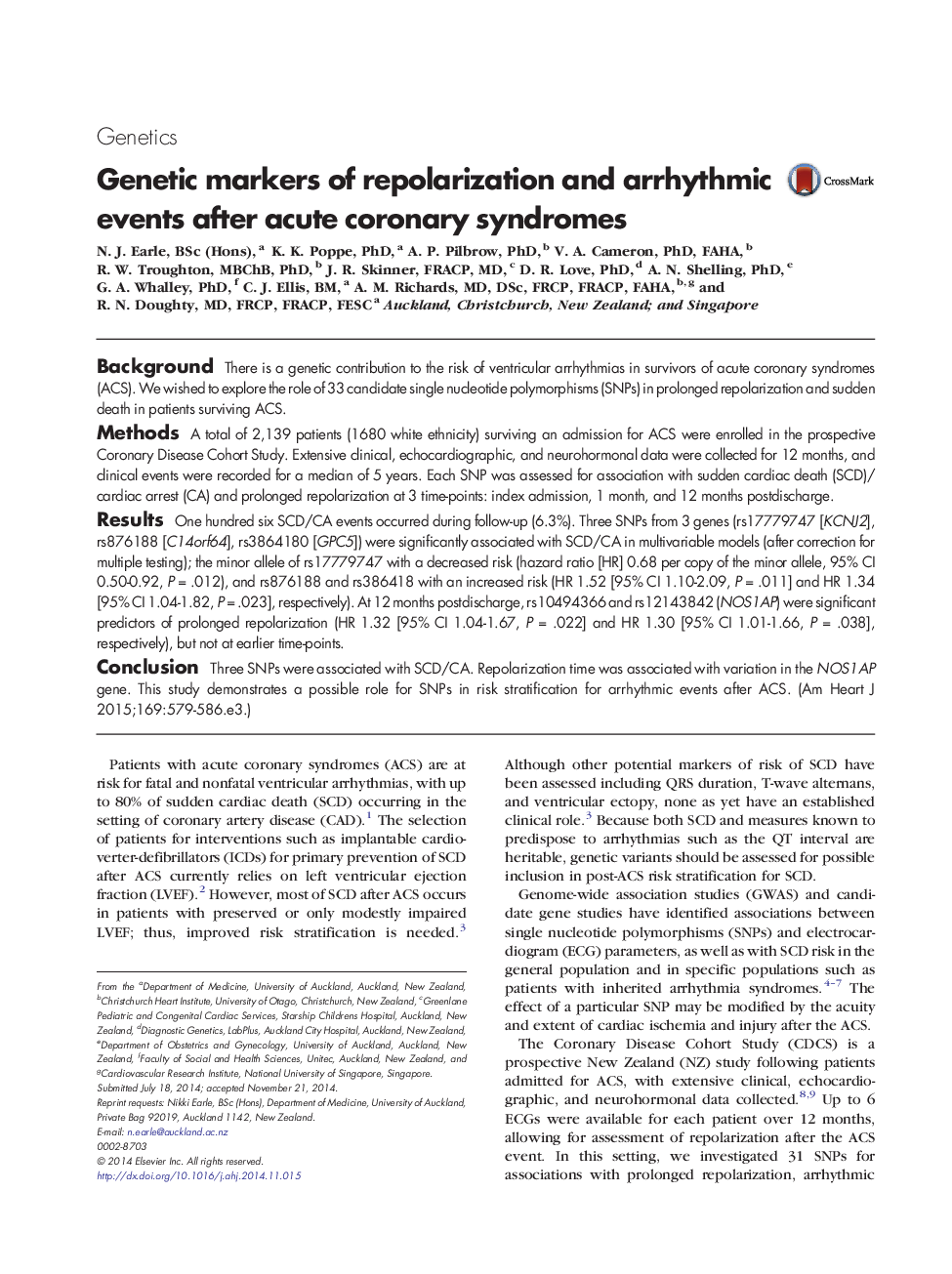 Genetic markers of repolarization and arrhythmic events after acute coronary syndromes