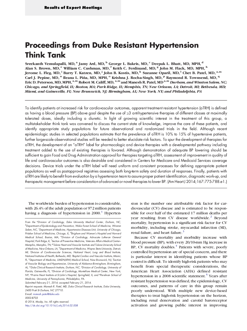Results of Expert MeetingsProceedings from Duke Resistant Hypertension Think Tank