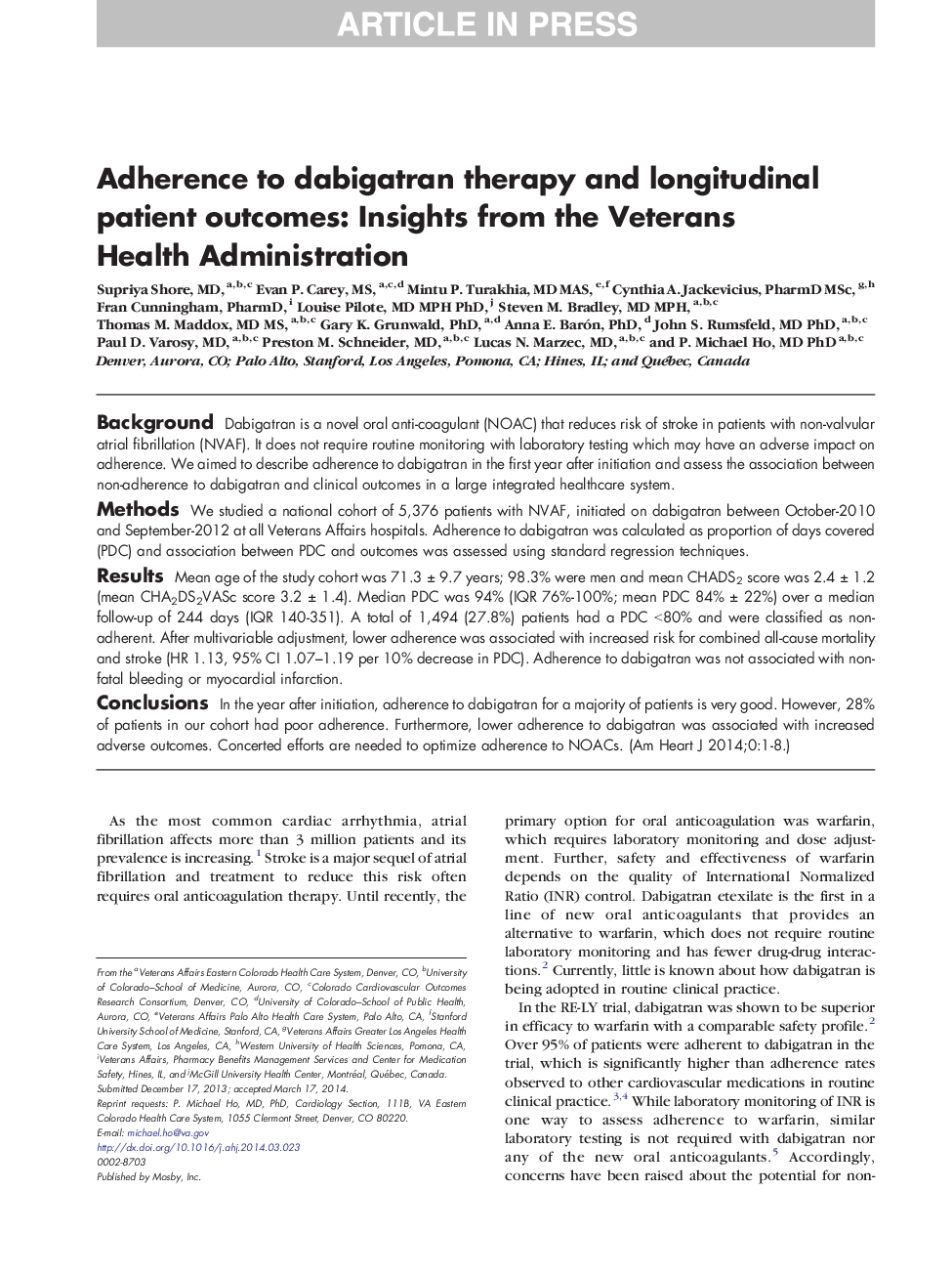 Adherence to dabigatran therapy and longitudinal patient outcomes: Insights from the Veterans Health Administration