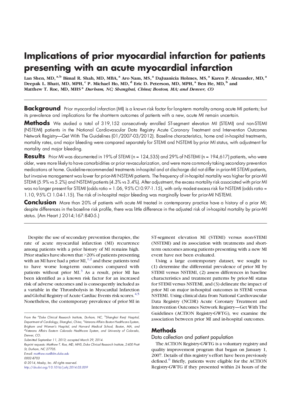 Clinical InvestigationAcute Ischemic Heart DiseaseImplications of prior myocardial infarction for patients presenting with an acute myocardial infarction