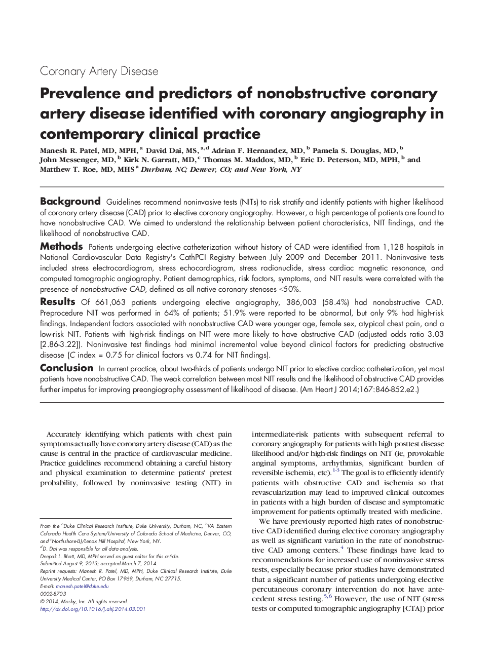 Clinical InvestigationCoronary Artery DiseasePrevalence and predictors of nonobstructive coronary artery disease identified with coronary angiography in contemporary clinical practice