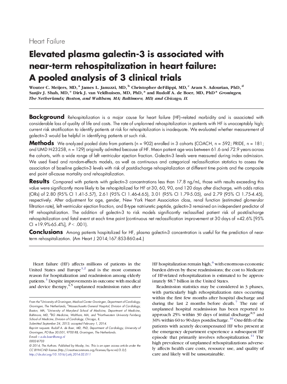 Elevated plasma galectin-3 is associated with near-term rehospitalization in heart failure: A pooled analysis of 3 clinical trials