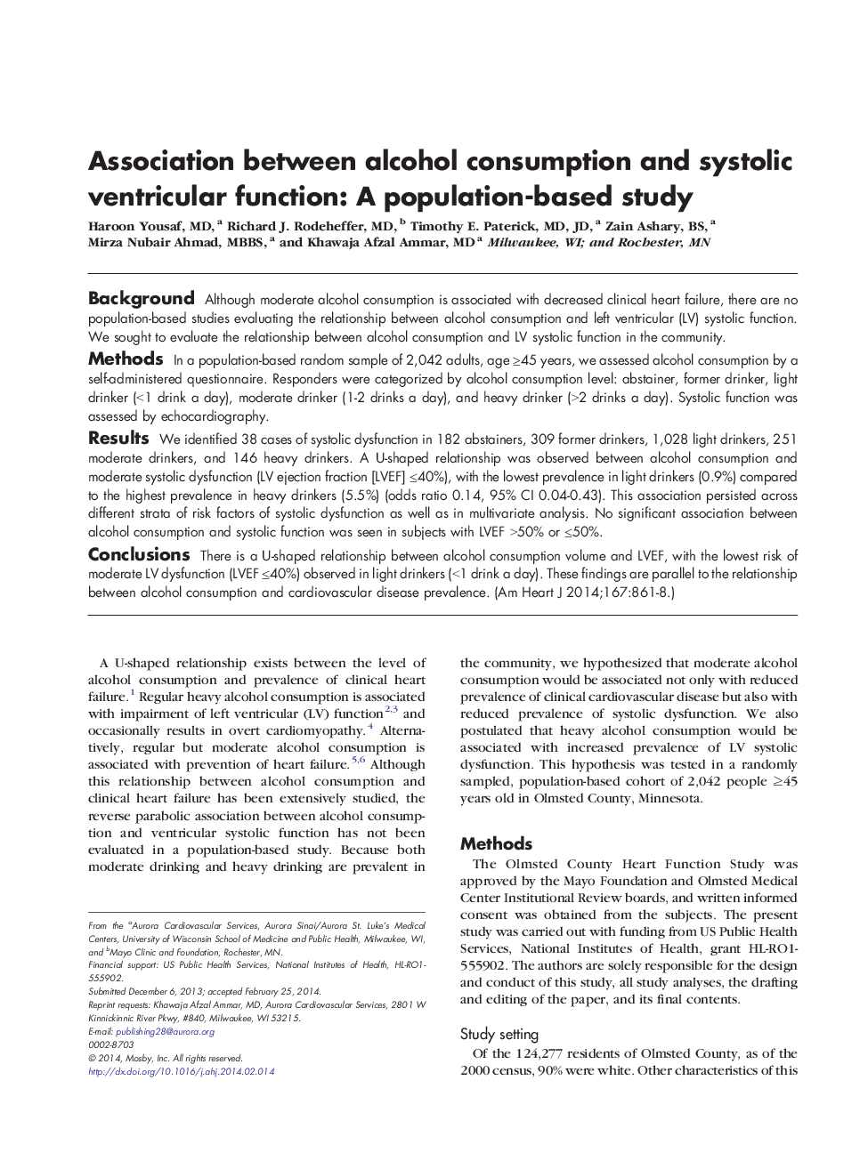 Clinical InvestigationHeart FailureAssociation between alcohol consumption and systolic ventricular function: A population-based study