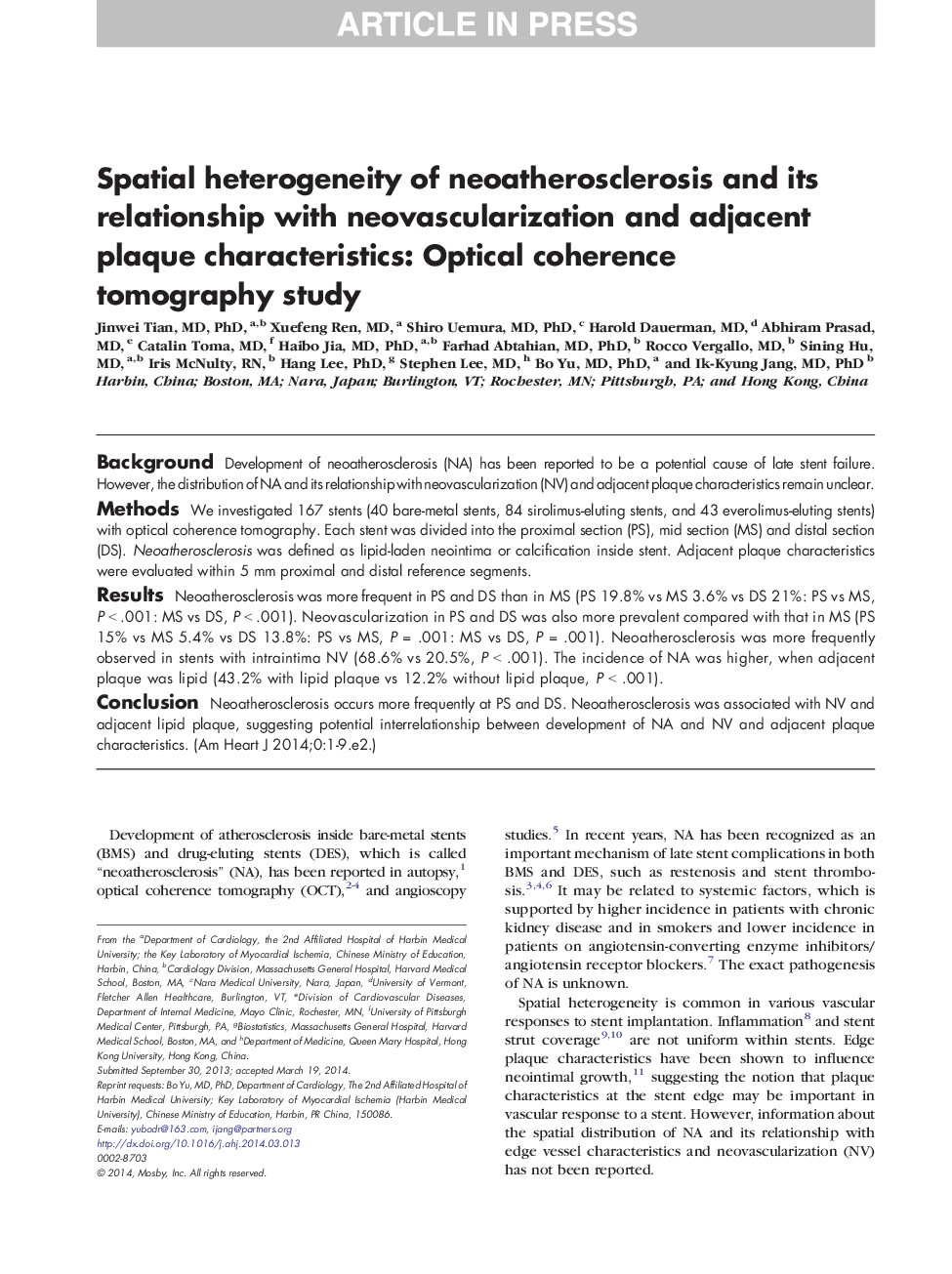 Spatial heterogeneity of neoatherosclerosis and its relationship with neovascularization and adjacent plaque characteristics: Optical coherence tomography study