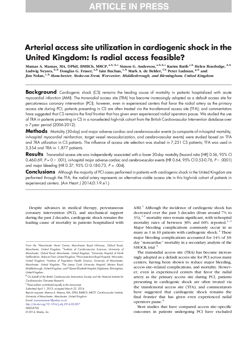 Arterial access site utilization in cardiogenic shock in the United Kingdom: Is radial access feasible?