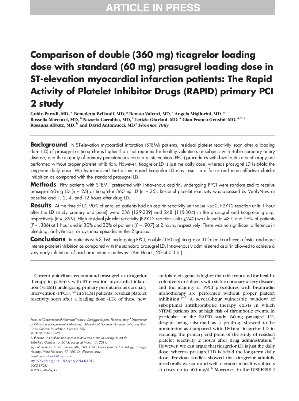 Comparison of double (360 mg) ticagrelor loading dose with standard (60 mg) prasugrel loading dose in ST-elevation myocardial infarction patients: The Rapid Activity of Platelet Inhibitor Drugs (RAPID) primary PCI 2 study