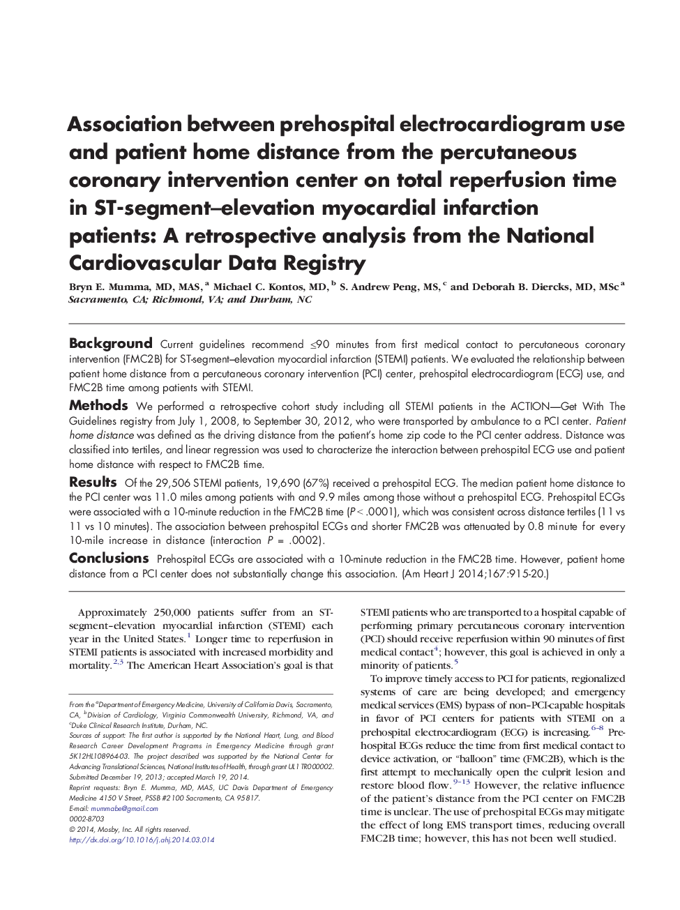 Association between prehospital electrocardiogram use and patient home distance from the percutaneous coronary intervention center on total reperfusion time in ST-segment-elevation myocardial infarction patients: A retrospective analysis from the Nation