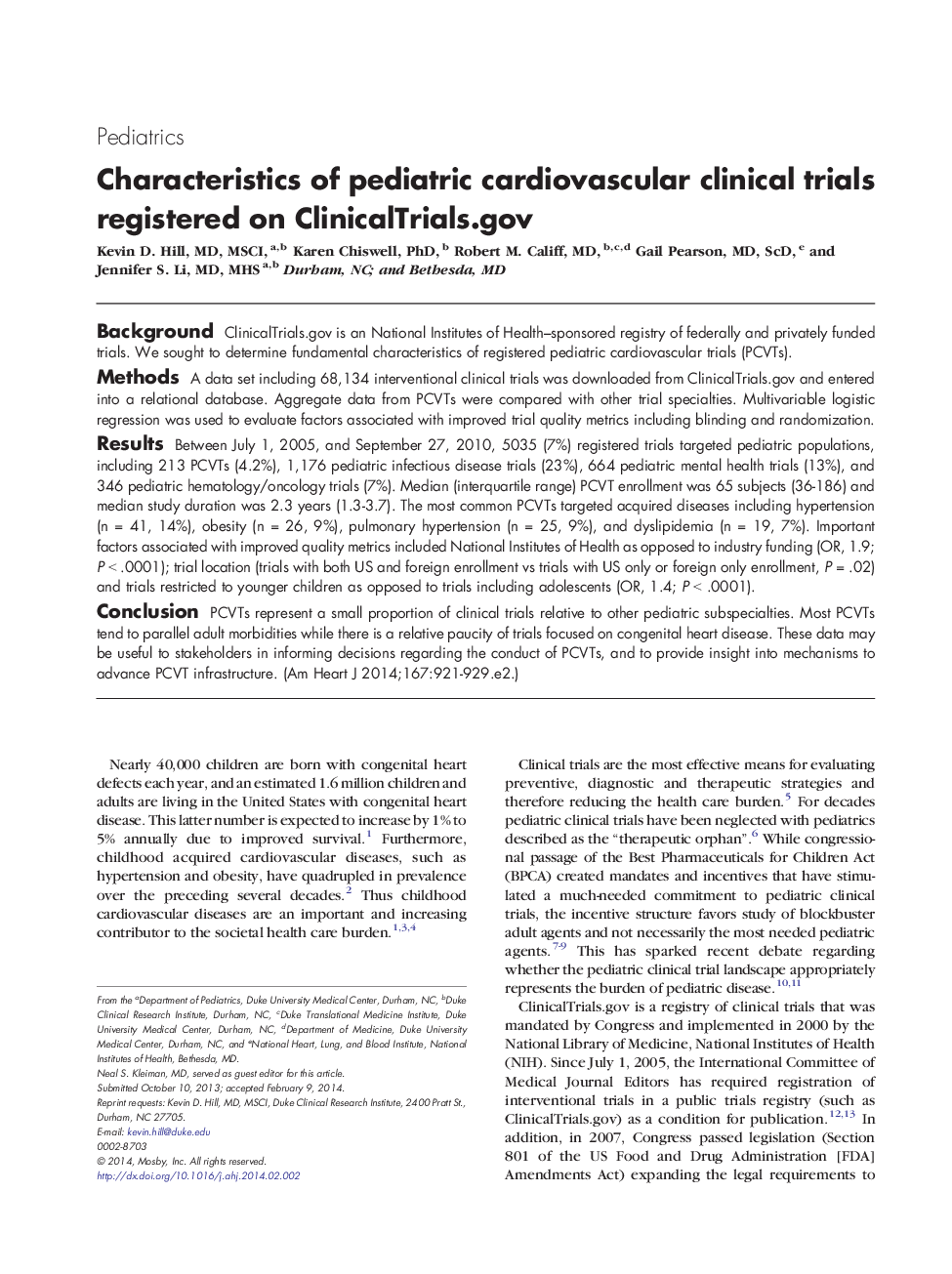 Clinical InvestigationPediatricsCharacteristics of pediatric cardiovascular clinical trials registered on ClinicalTrials.gov