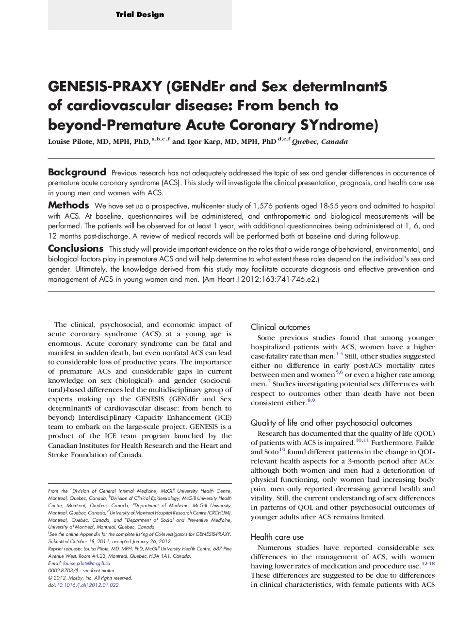 GENESIS-PRAXY (GENdEr and Sex determInantS of cardiovascular disease: From bench to beyond-Premature Acute Coronary SYndrome)