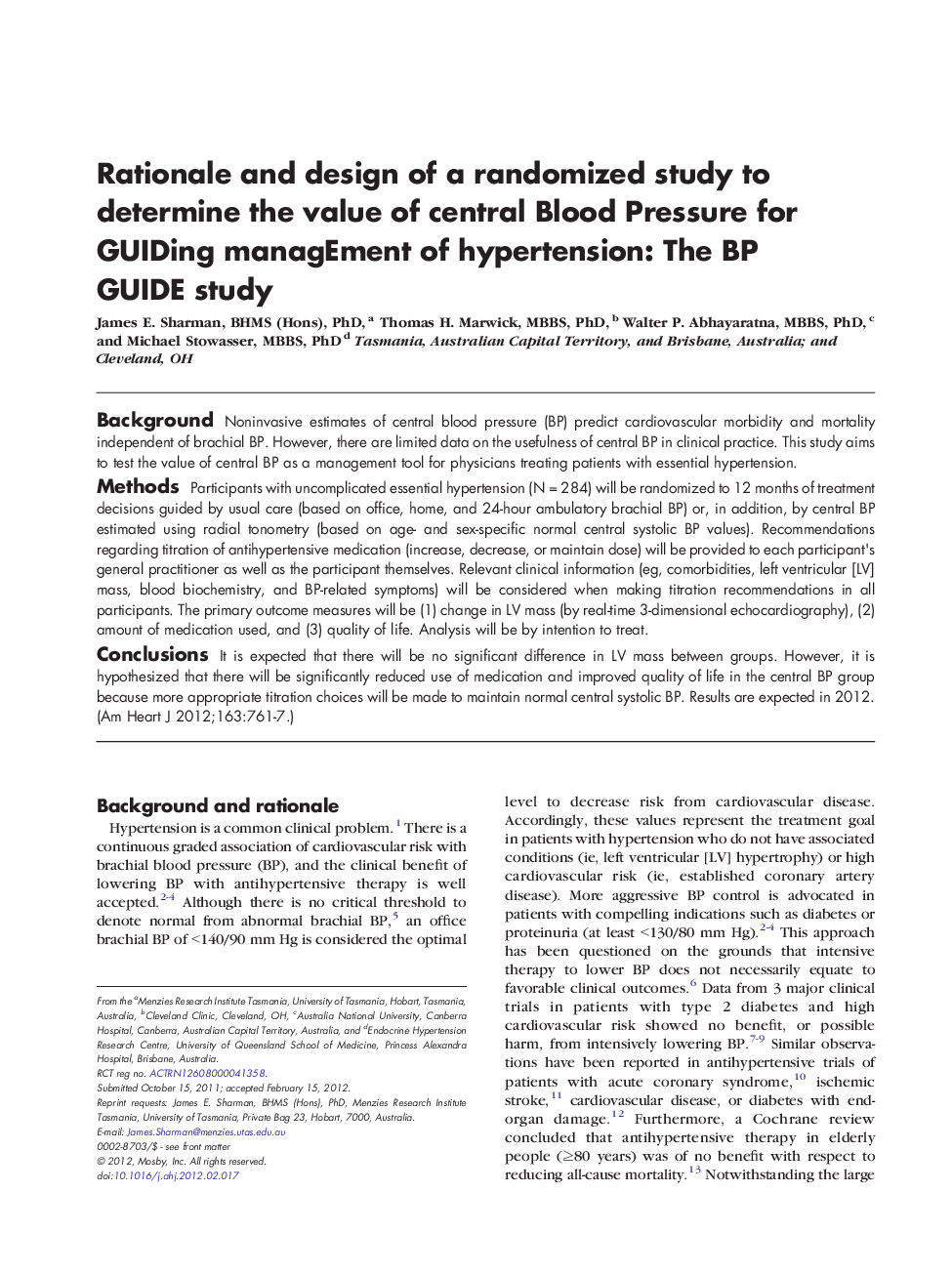 Trial DesignRationale and design of a randomized study to determine the value of central Blood Pressure for GUIDing managEment of hypertension: The BP GUIDE study