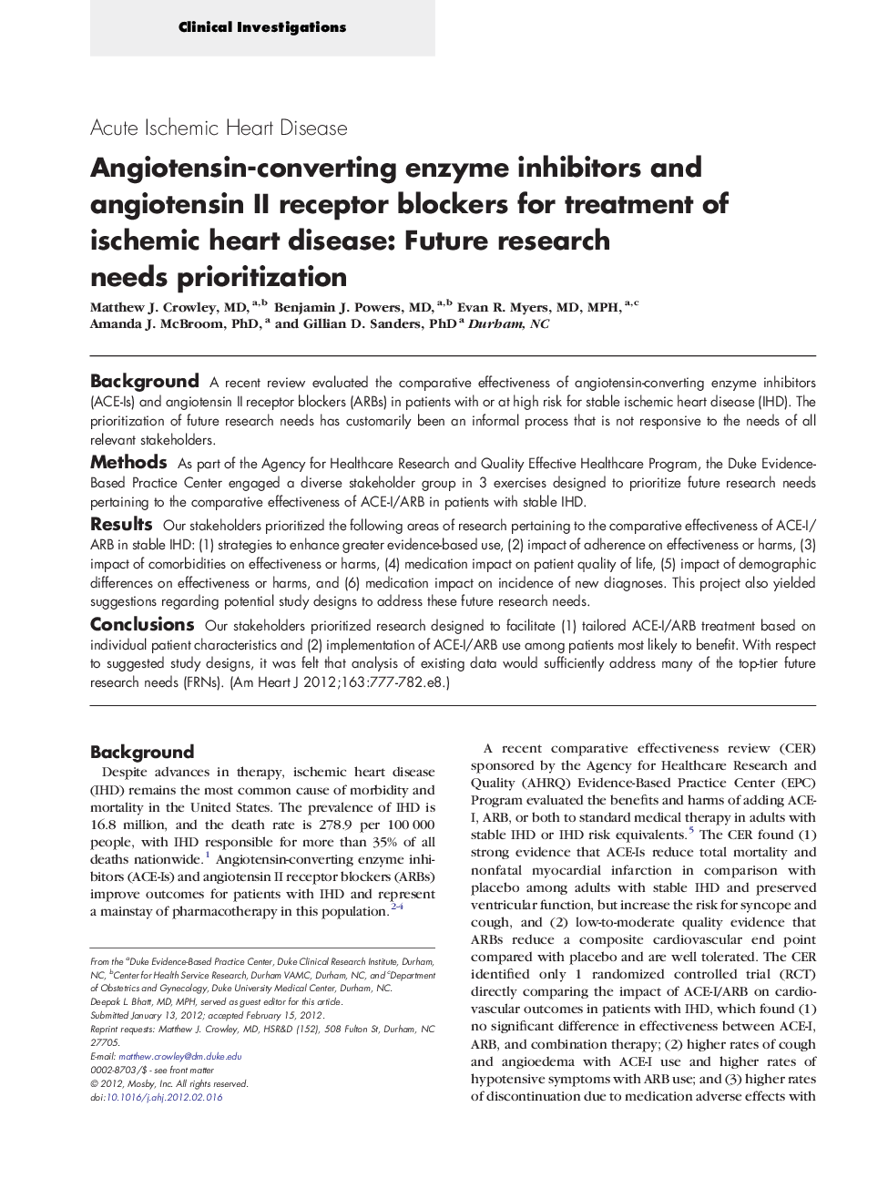 Angiotensin-converting enzyme inhibitors and angiotensin II receptor blockers for treatment of ischemic heart disease: Future research needs prioritization