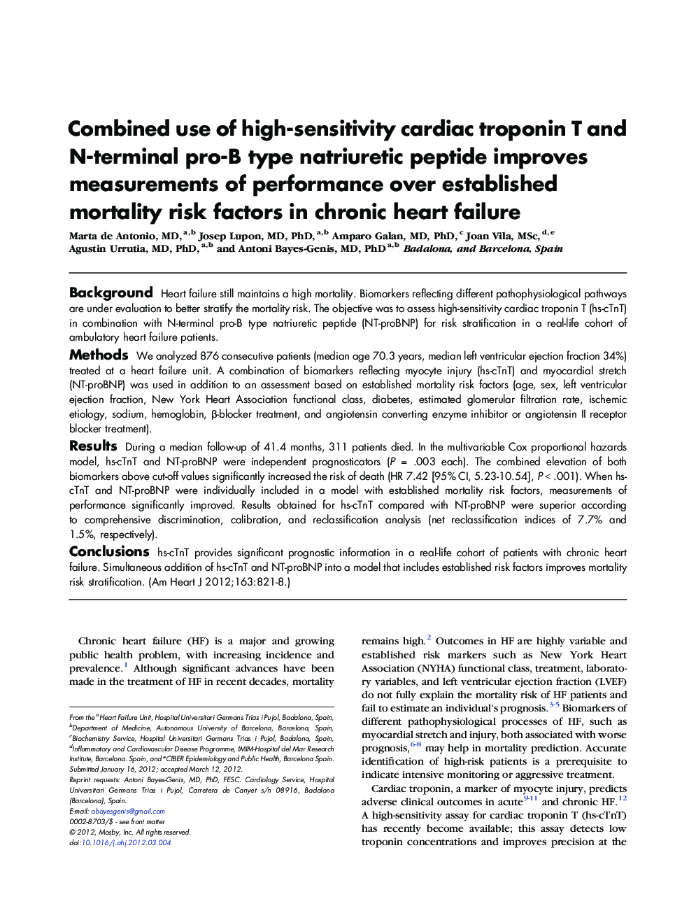 Combined use of high-sensitivity cardiac troponin T and N-terminal pro-B type natriuretic peptide improves measurements of performance over established mortality risk factors in chronic heart failure