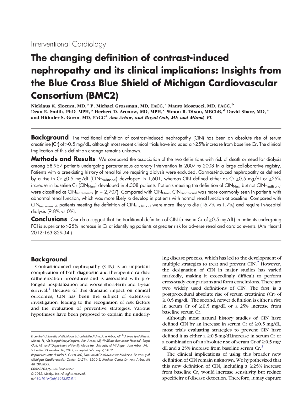 The changing definition of contrast-induced nephropathy and its clinical implications: Insights from the Blue Cross Blue Shield of Michigan Cardiovascular Consortium (BMC2)
