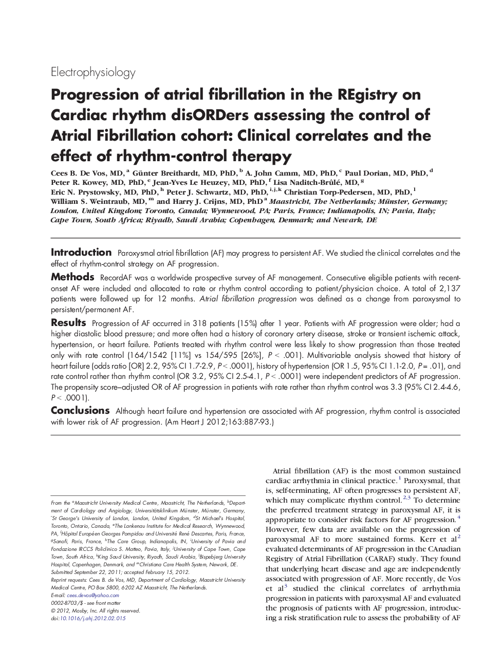 Progression of atrial fibrillation in the REgistry on Cardiac rhythm disORDers assessing the control of Atrial Fibrillation cohort: Clinical correlates and the effect of rhythm-control therapy
