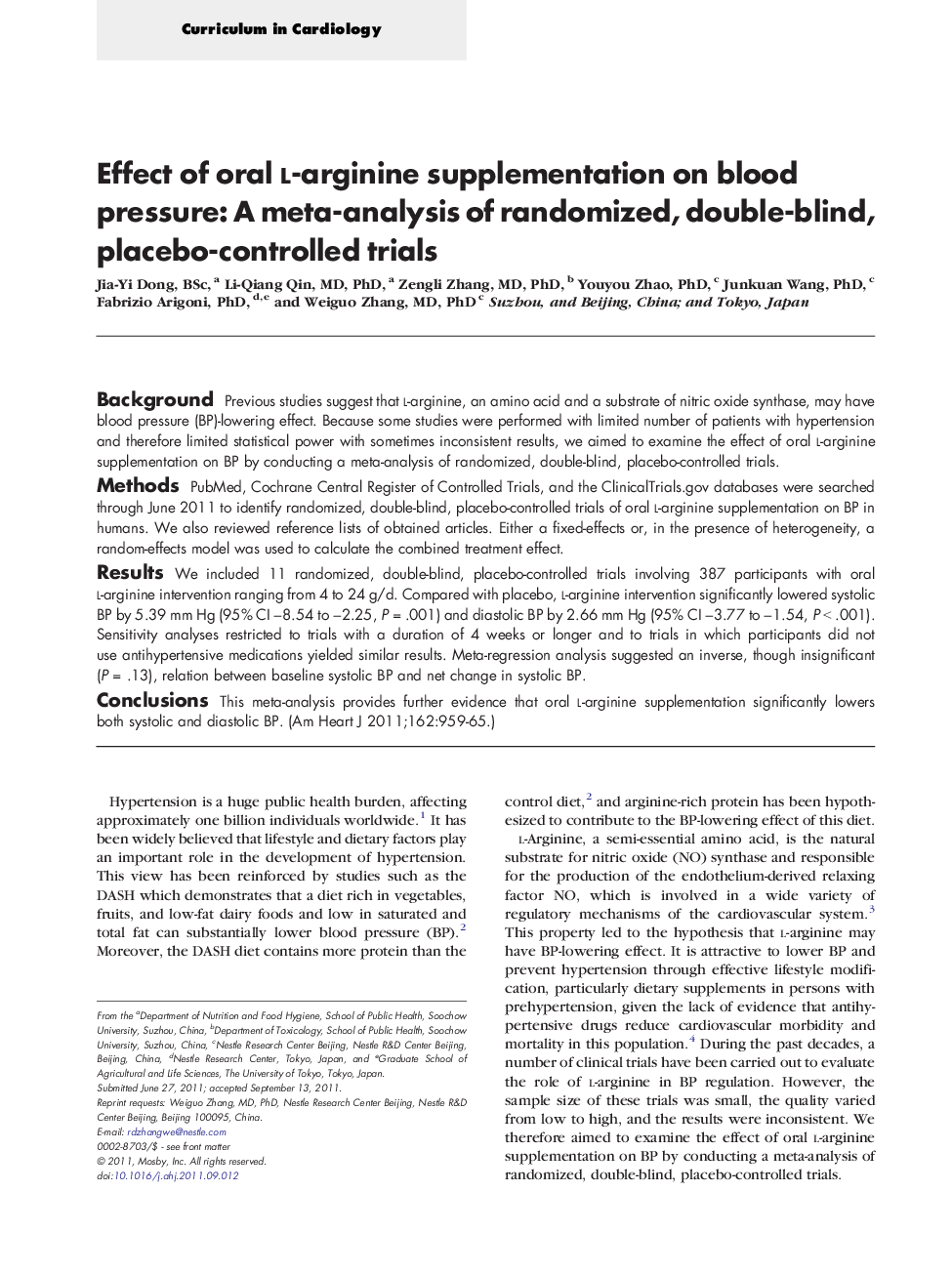 Effect of oral l-arginine supplementation on blood pressure: A meta-analysis of randomized, double-blind, placebo-controlled trials