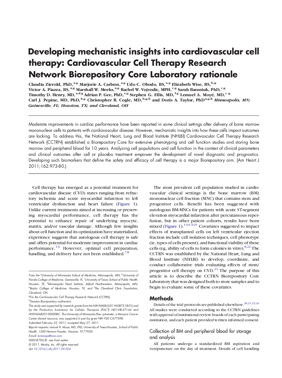 Developing mechanistic insights into cardiovascular cell therapy: Cardiovascular Cell Therapy Research Network Biorepository Core Laboratory rationale