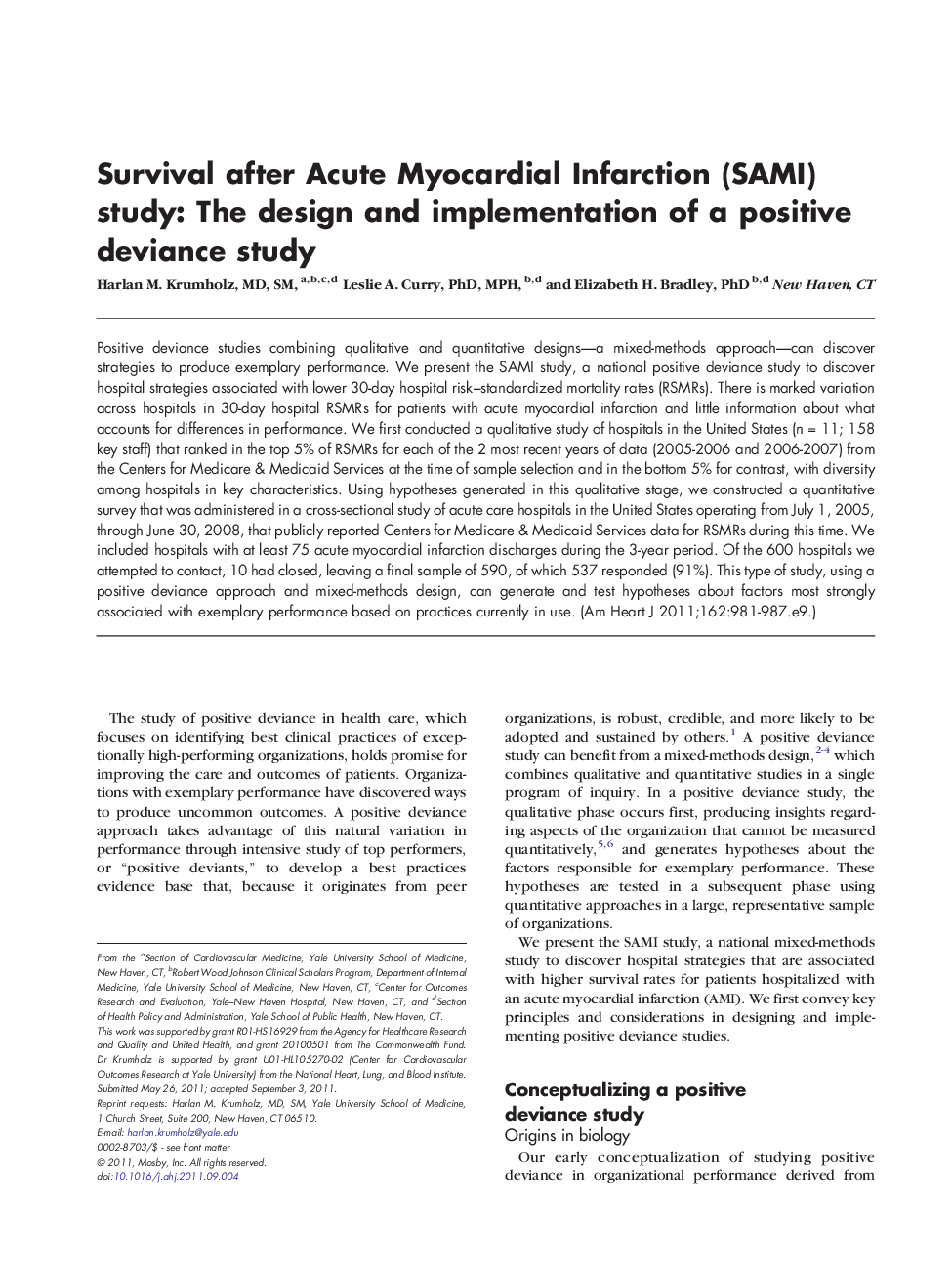 Trial DesignSurvival after Acute Myocardial Infarction (SAMI) study: The design and implementation of a positive deviance study