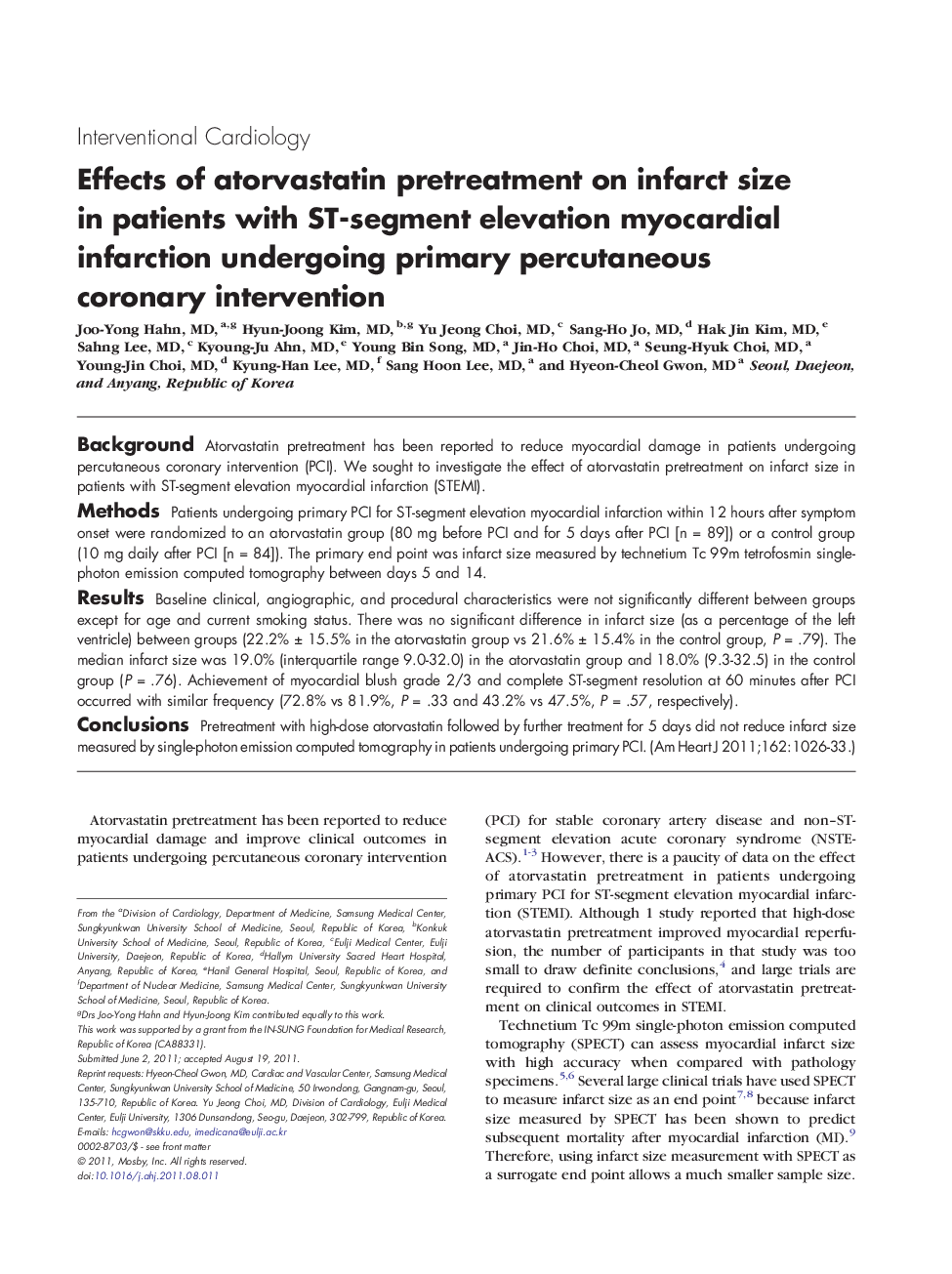 Effects of atorvastatin pretreatment on infarct size in patients with ST-segment elevation myocardial infarction undergoing primary percutaneous coronary intervention