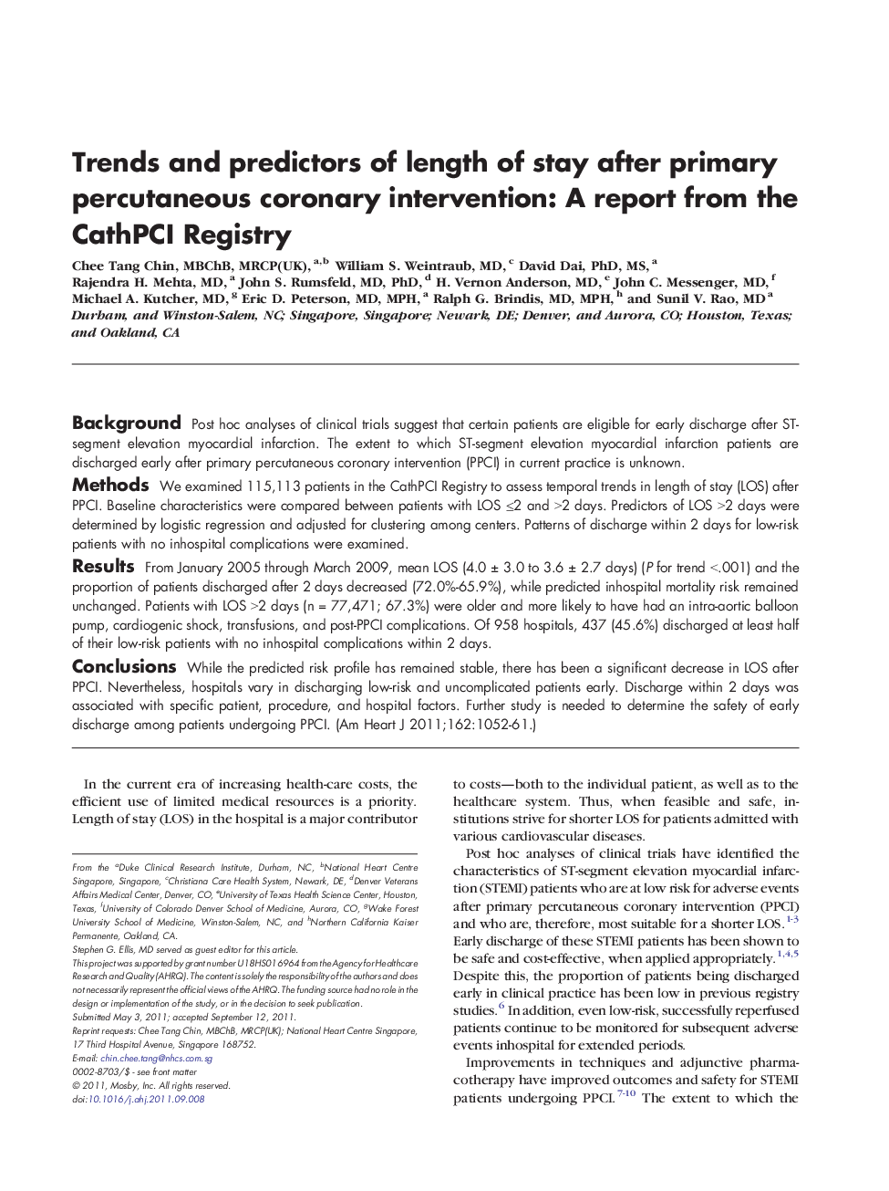 Trends and predictors of length of stay after primary percutaneous coronary intervention: A report from the CathPCI Registry