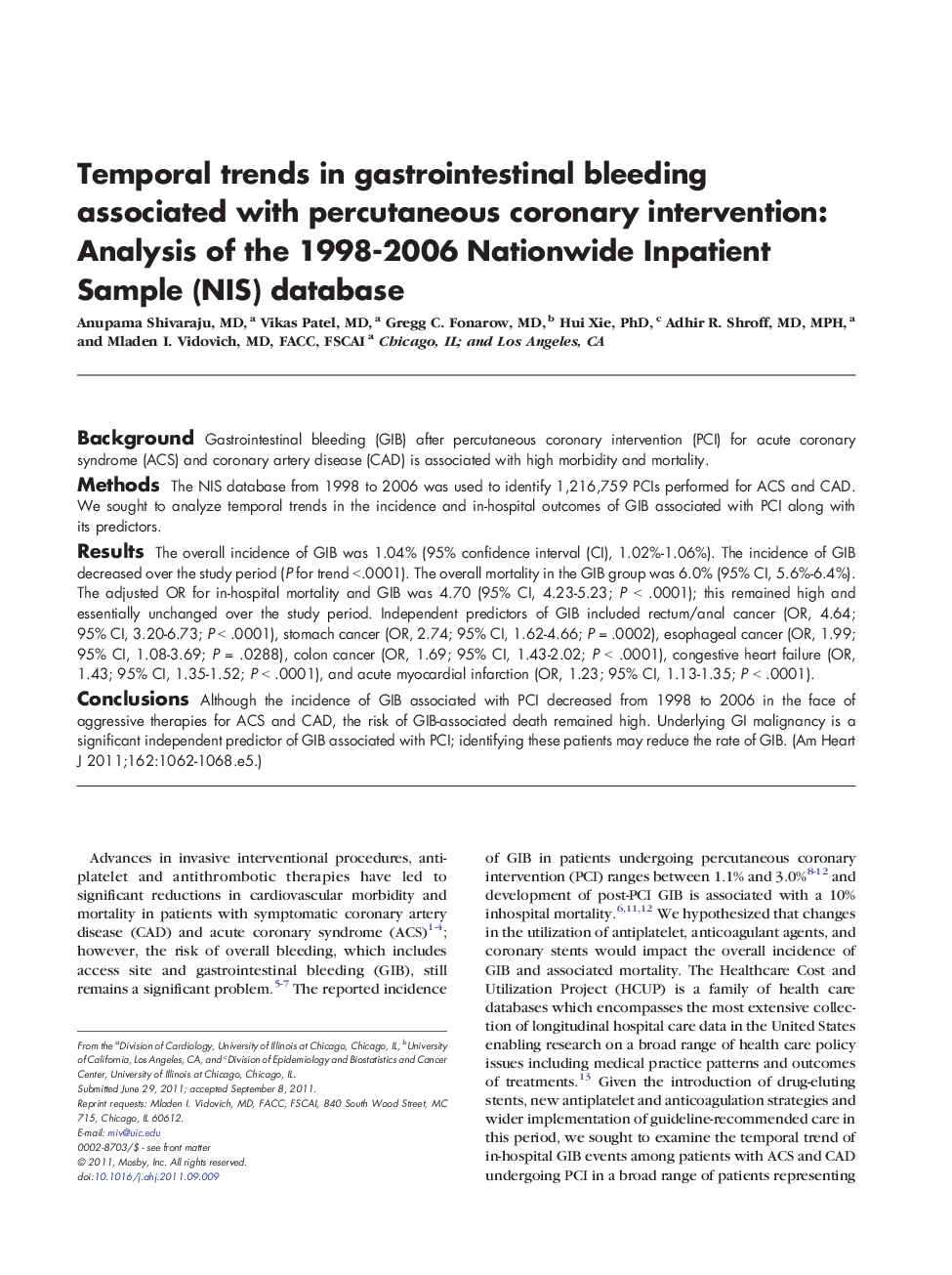 Temporal trends in gastrointestinal bleeding associated with percutaneous coronary intervention: Analysis of the 1998-2006 Nationwide Inpatient Sample (NIS) database
