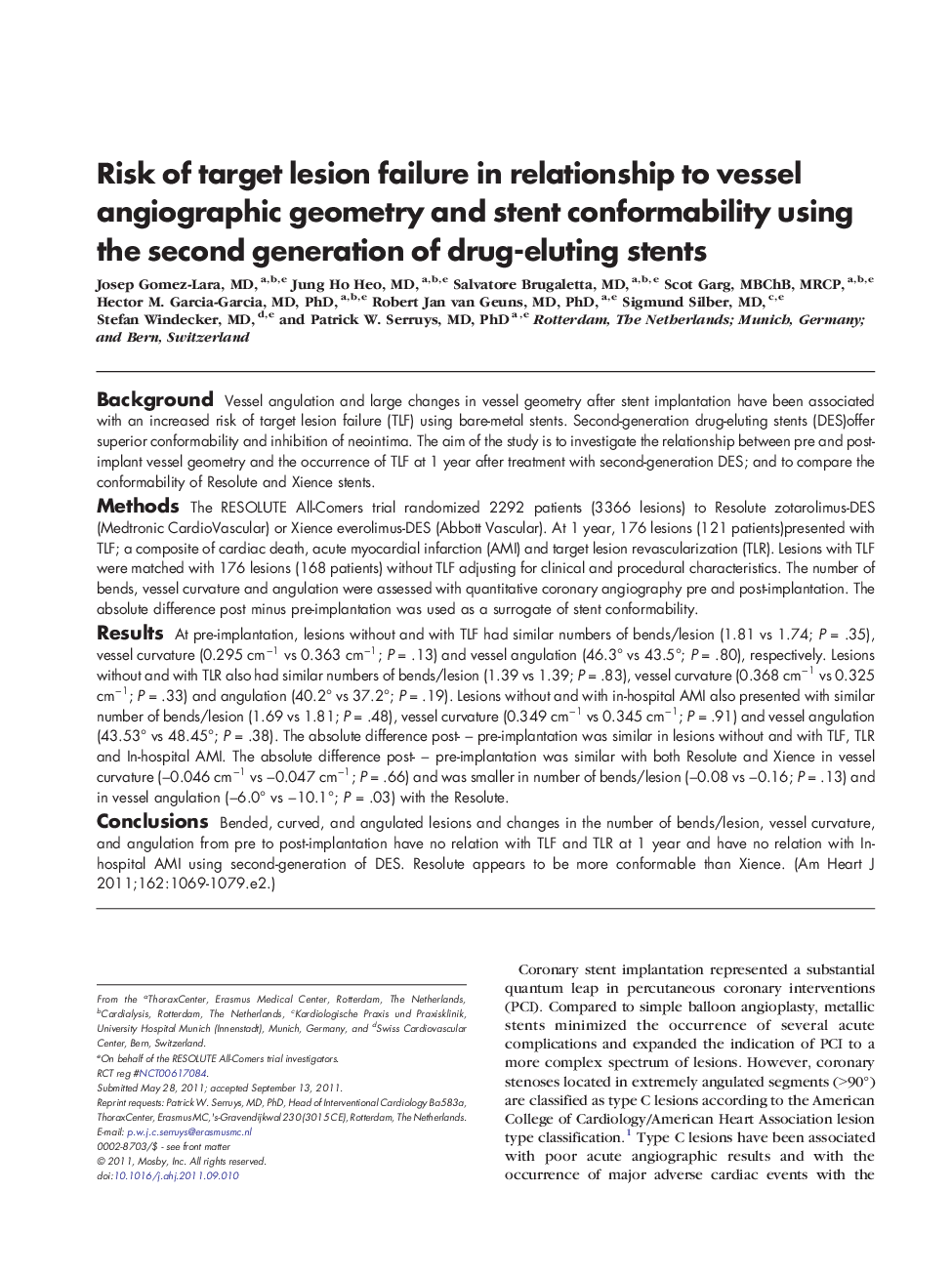 Risk of target lesion failure in relationship to vessel angiographic geometry and stent conformability using the second generation of drug-eluting stents