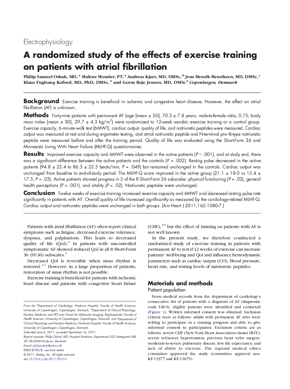 A randomized study of the effects of exercise training on patients with atrial fibrillation