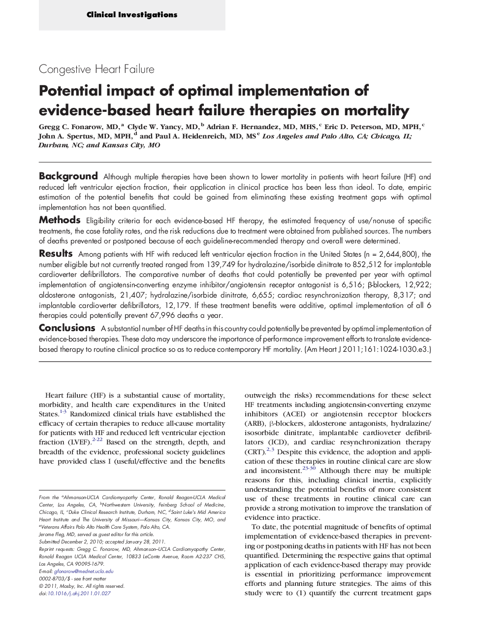 عکس صفحه اول مقاله: Clinical InvestigationCongestive Heart FailurePotential impact of optimal implementation of evidence-based heart failure therapies on mortality Clinical InvestigationCongestive Heart FailurePotential impact of optimal implementation of evidence-based heart failure therapies on mortality