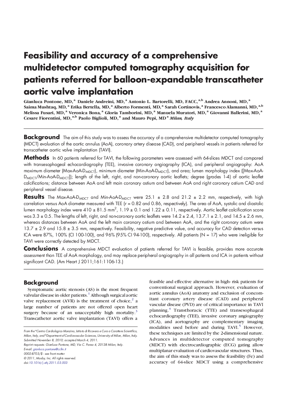 Feasibility and accuracy of a comprehensive multidetector computed tomography acquisition for patients referred for balloon-expandable transcatheter aortic valve implantation