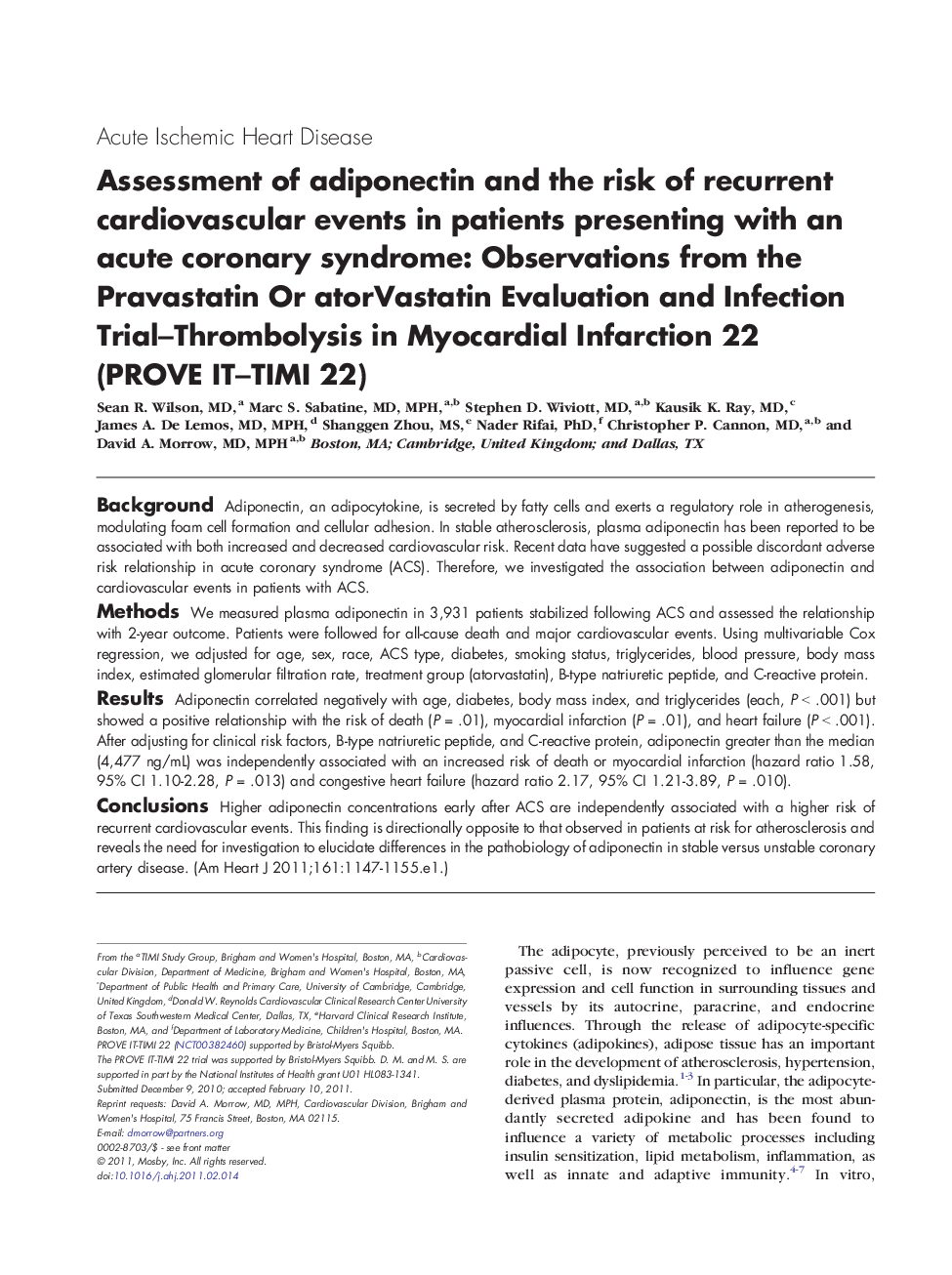Assessment of adiponectin and the risk of recurrent cardiovascular events in patients presenting with an acute coronary syndrome: Observations from the Pravastatin Or atorVastatin Evaluation and Infection Trial-Thrombolysis in Myocardial Infarction 22 (PR