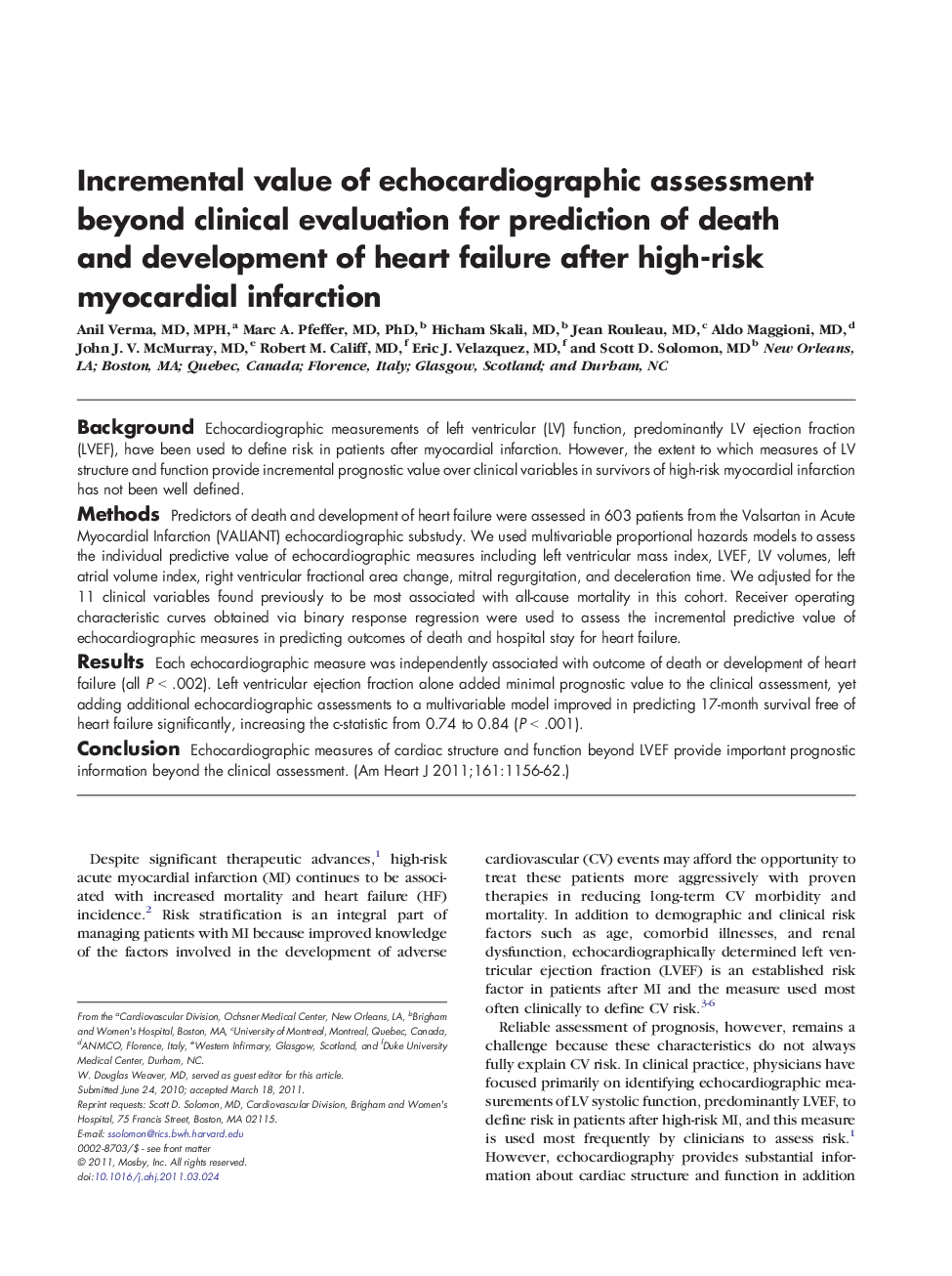 Incremental value of echocardiographic assessment beyond clinical evaluation for prediction of death and development of heart failure after high-risk myocardial infarction