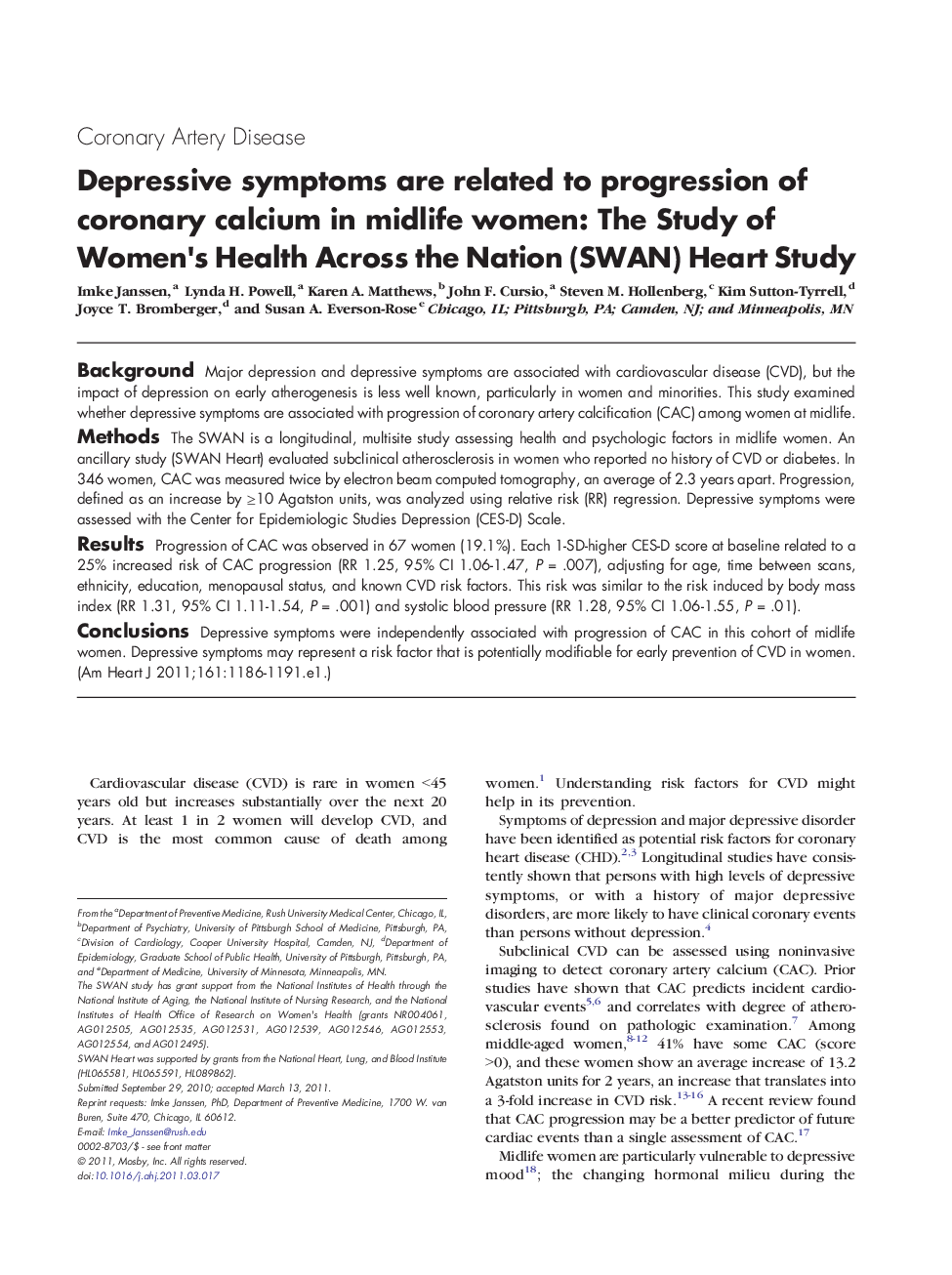 عکس صفحه اول مقاله: Clinical InvestigationCoronary Artery DiseaseDepressive symptoms are related to progression of coronary calcium in midlife women: The Study of Women's Health Across the Nation (SWAN) Heart Study Clinical InvestigationCoronary Artery DiseaseDepressive symptoms are related to progression of coronary calcium in midlife women: The Study of Women's Health Across the Nation (SWAN) Heart Study