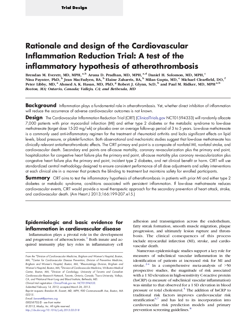 Rationale and design of the Cardiovascular Inflammation Reduction Trial: A test of the inflammatory hypothesis of atherothrombosis